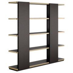 Contemporary Book Shelf, black Lacquered Shelves, Crossed Leather Details