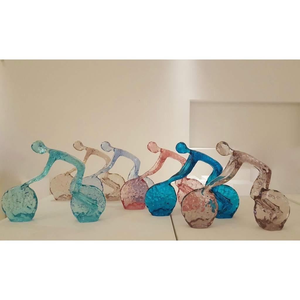 Hand-Crafted Contemporary Light Blue Lucite Sculpture of Modern Minimalist Cyclist