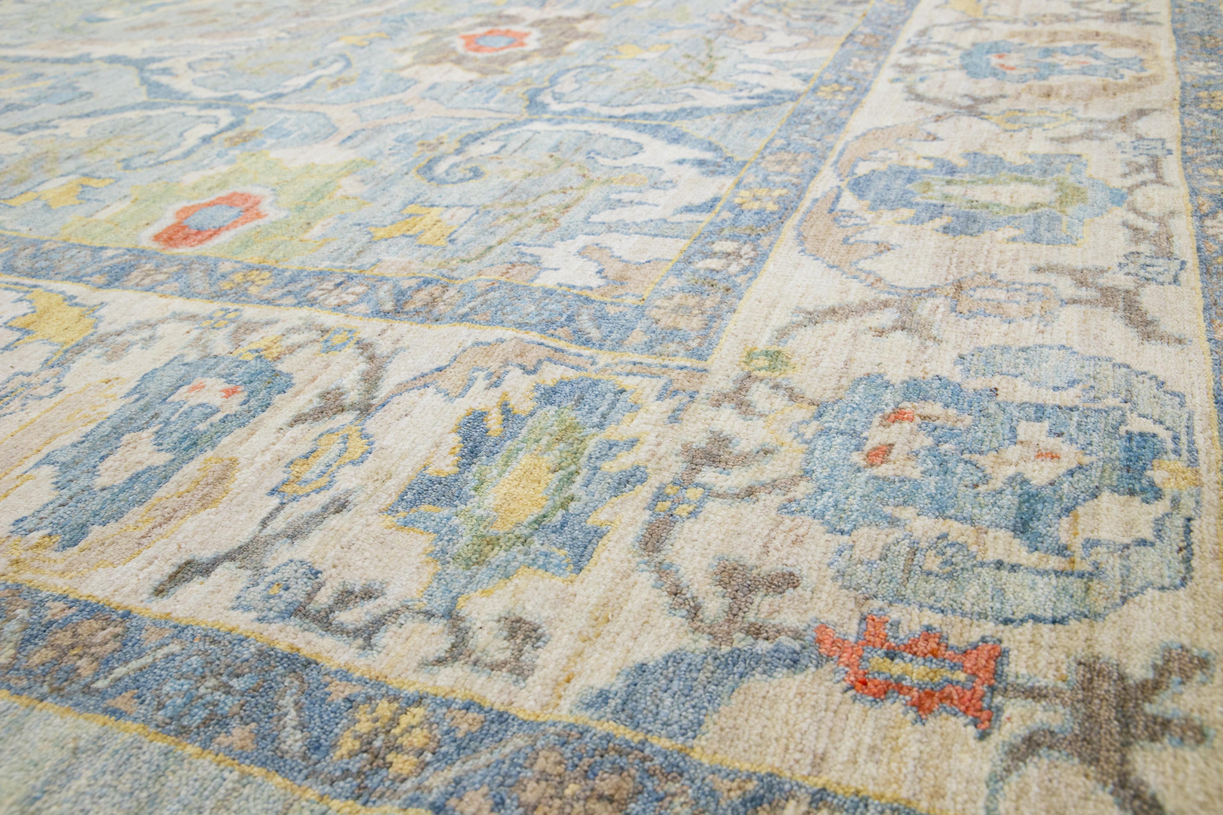 Pakistani Contemporary Light Blue Sultanabad Wool Rug Handmade with Floral Pattern For Sale