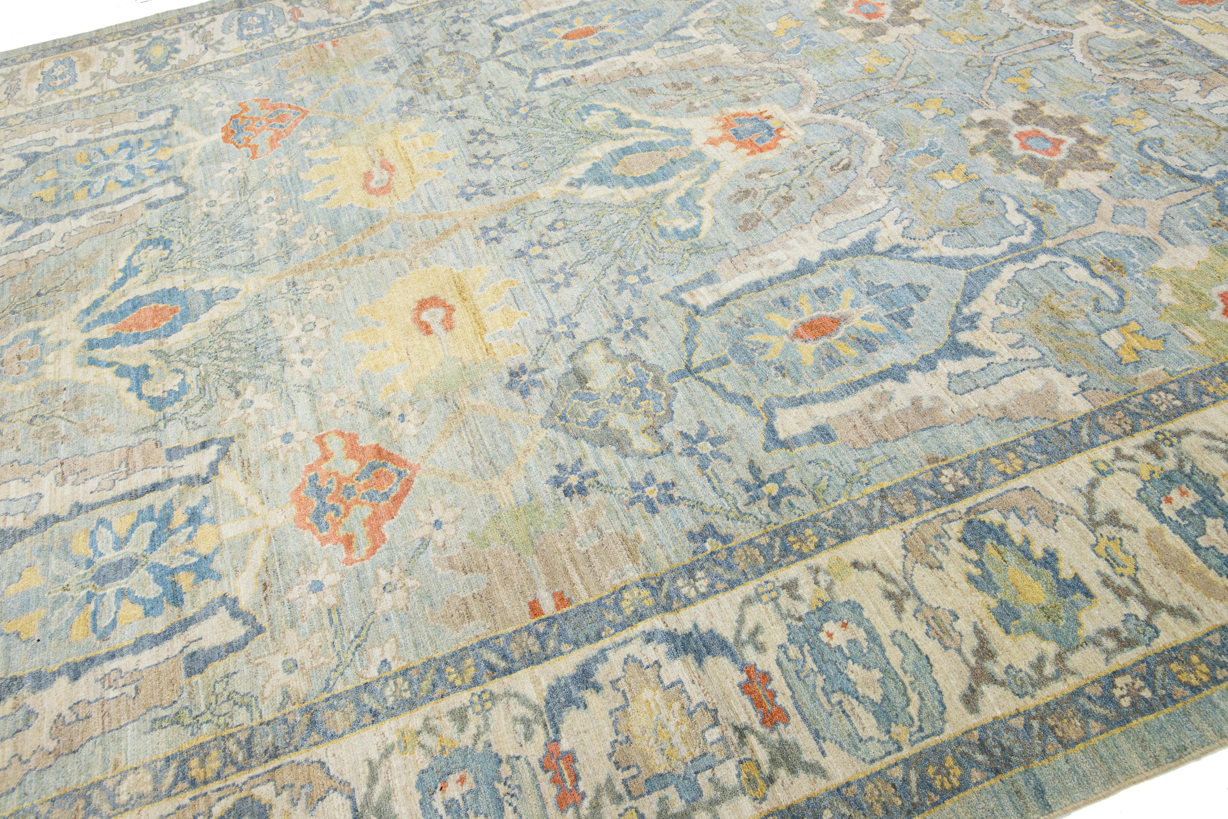 Hand-Knotted Contemporary Light Blue Sultanabad Wool Rug Handmade with Floral Pattern For Sale