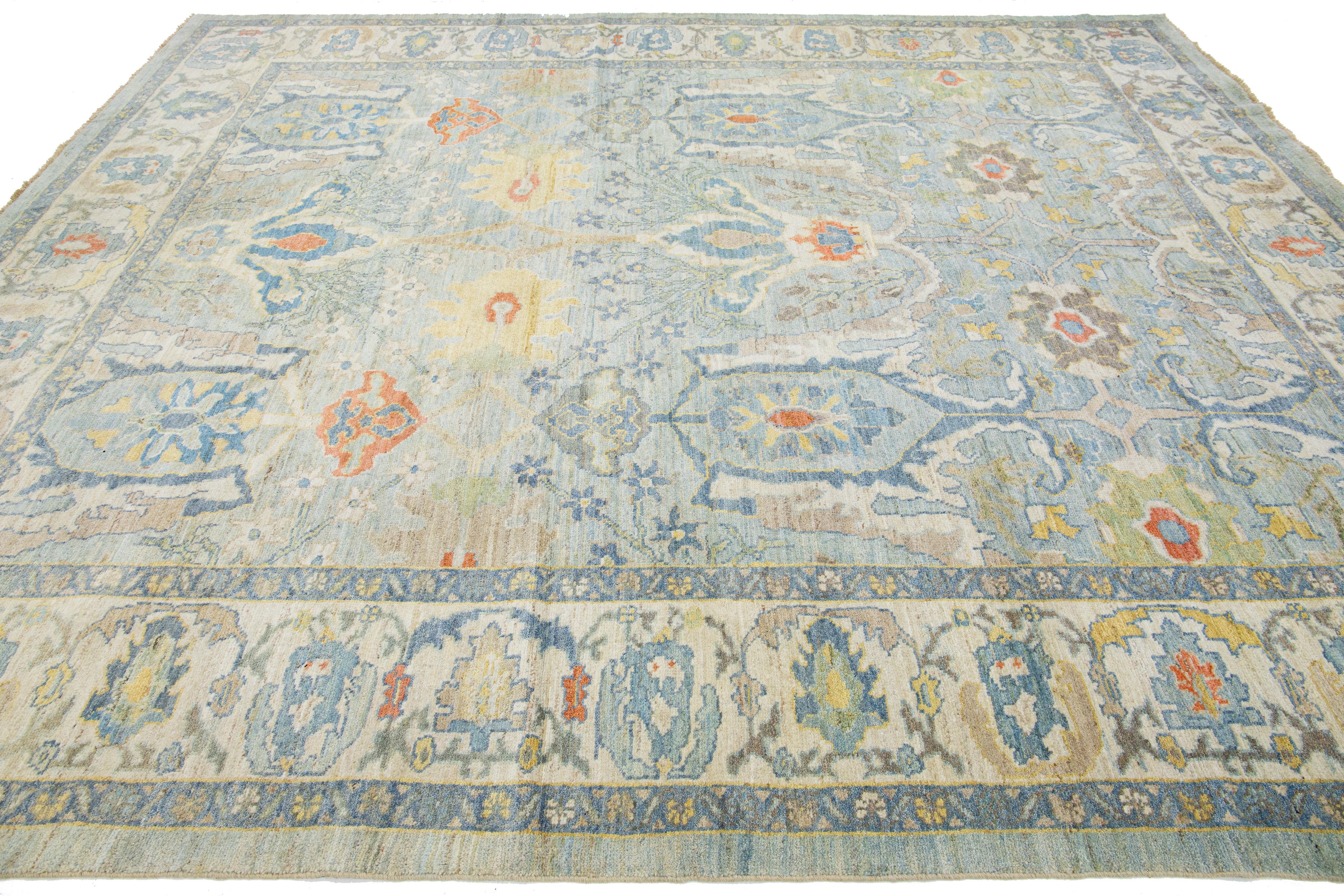 Contemporary Light Blue Sultanabad Wool Rug Handmade with Floral Pattern In New Condition For Sale In Norwalk, CT