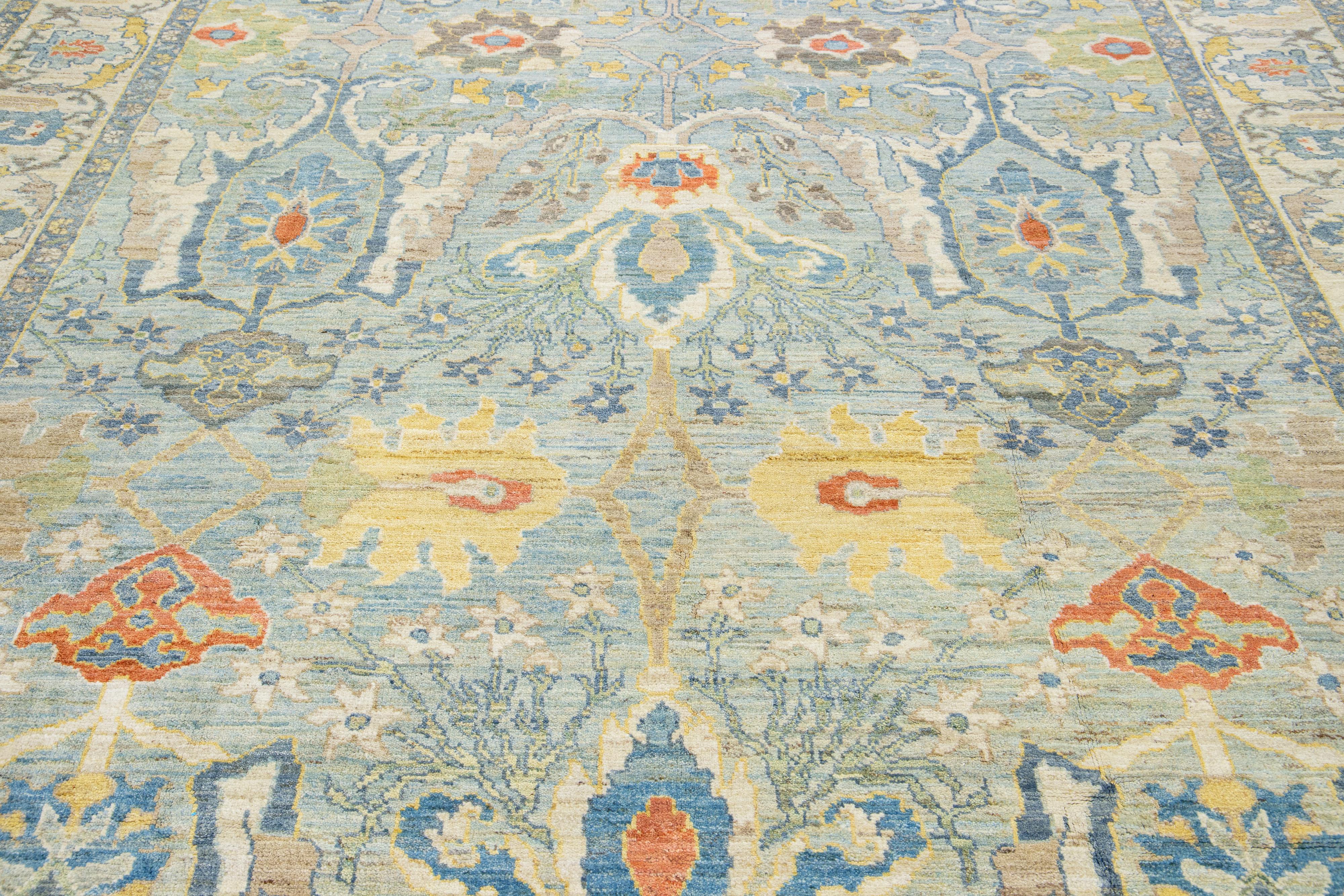 Contemporary Light Blue Sultanabad Wool Rug Handmade with Floral Pattern For Sale 2