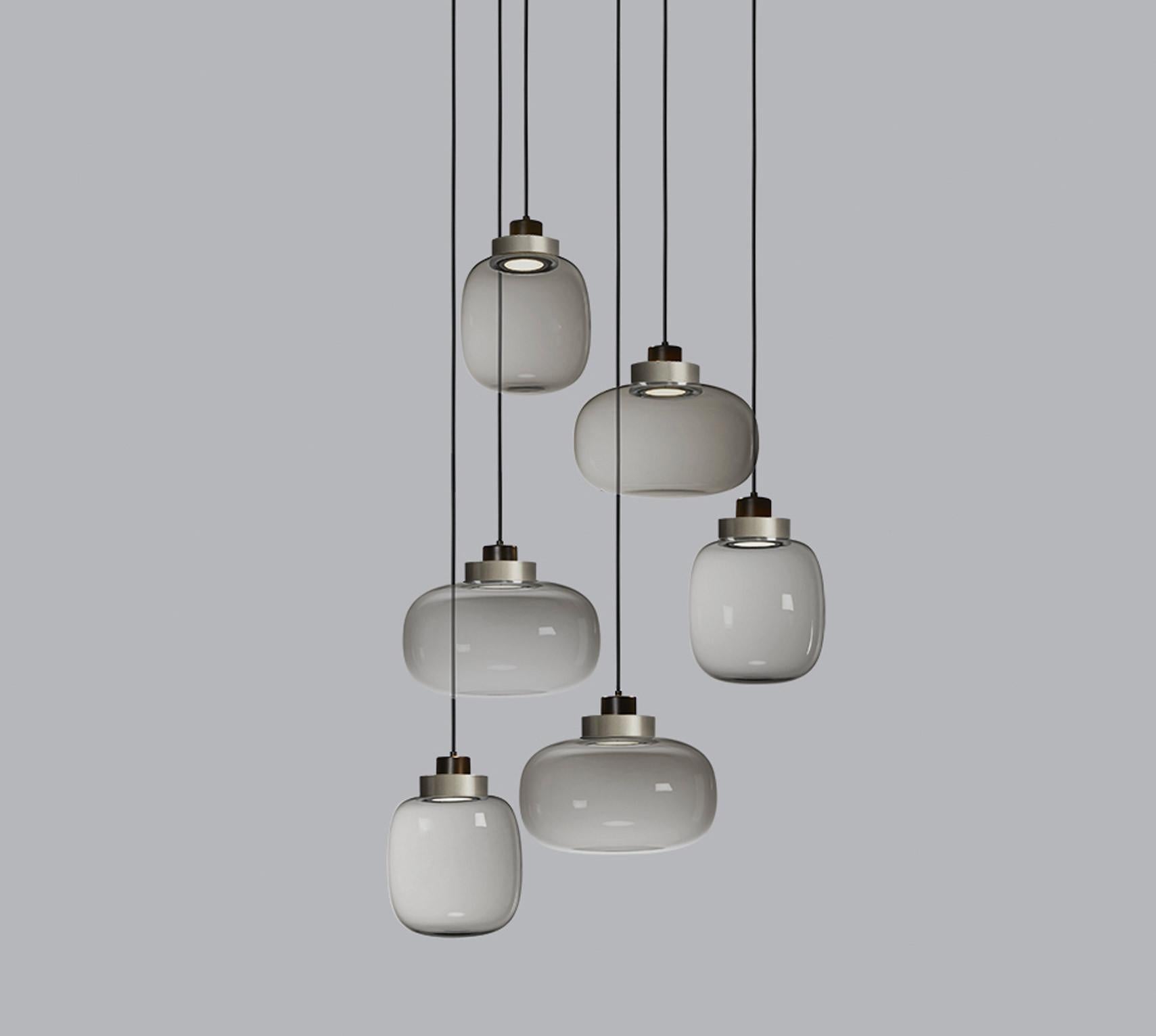 Contemporary Light Grey Chandelier 'Legier' by Tooy, 6 Pendants, Smoke Glass For Sale 5