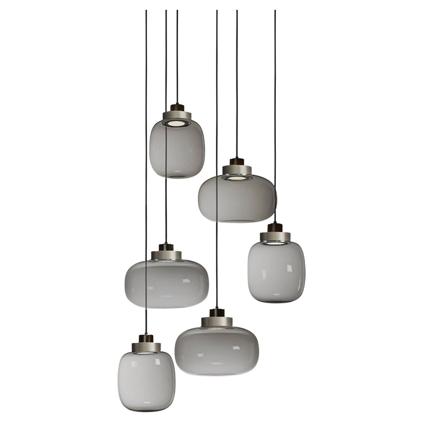 Contemporary Light Grey Chandelier 'Legier' by Tooy, 6 Pendants, Smoke Glass For Sale