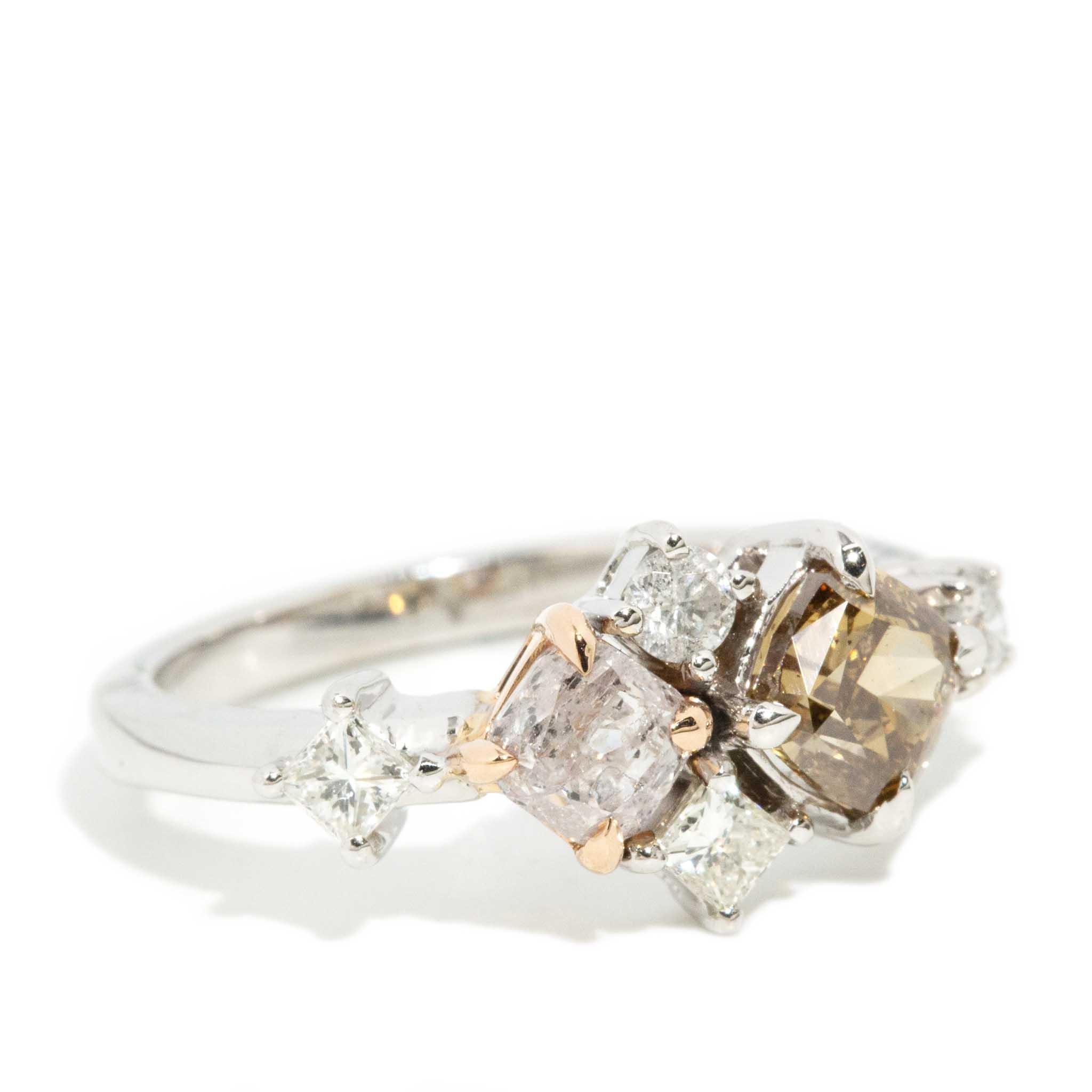 Cushion Cut Contemporary Light Pink & Cognac Diamond Engagement Ring 18 Carat White Gold For Sale