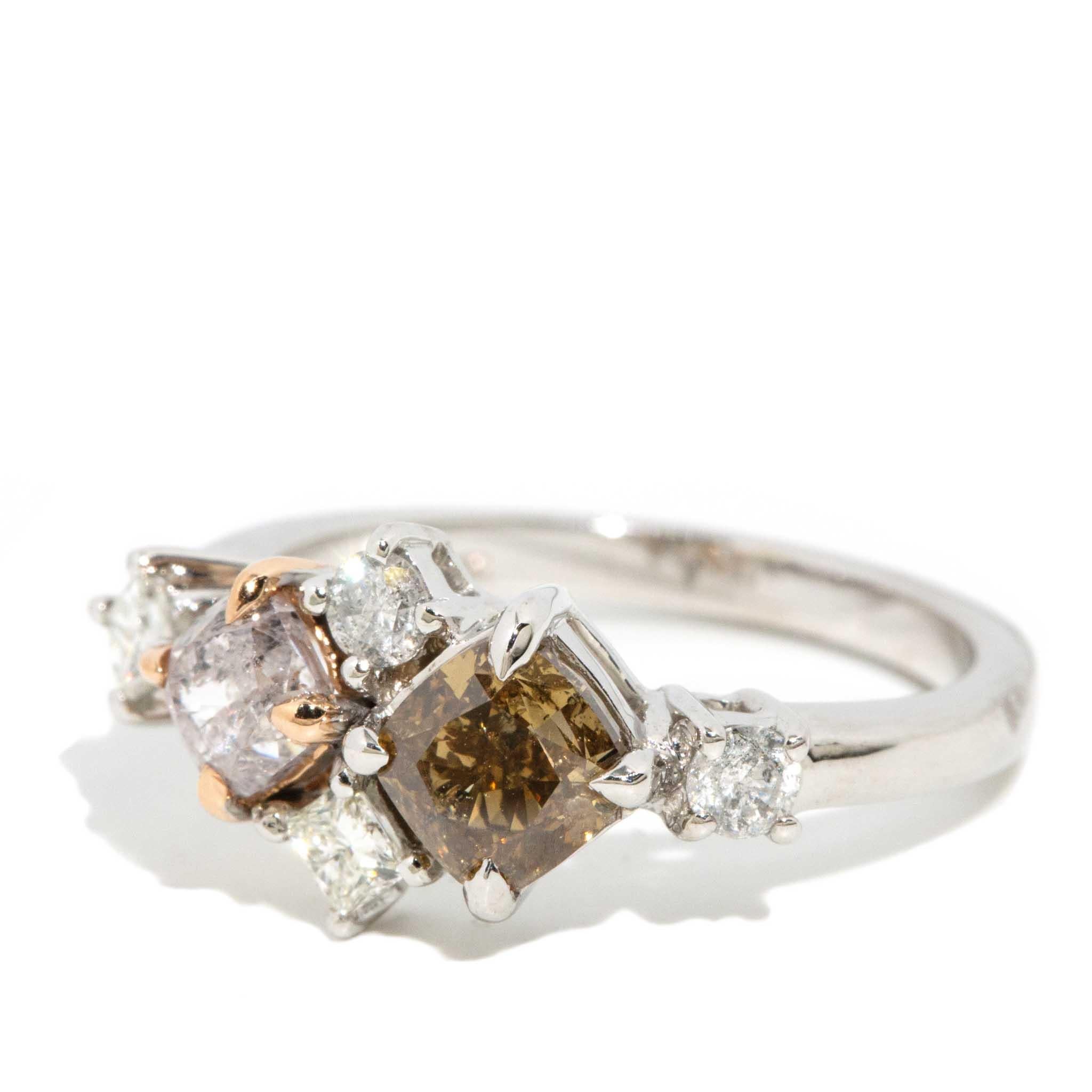 Women's Contemporary Light Pink & Cognac Diamond Engagement Ring 18 Carat White Gold For Sale
