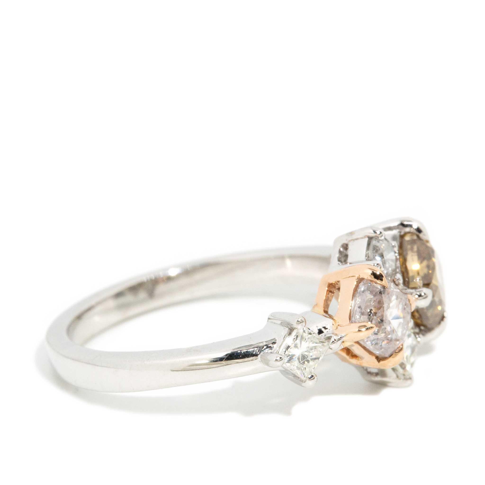 Contemporary Light Pink & Cognac Diamond Engagement Ring 18 Carat White Gold For Sale 2