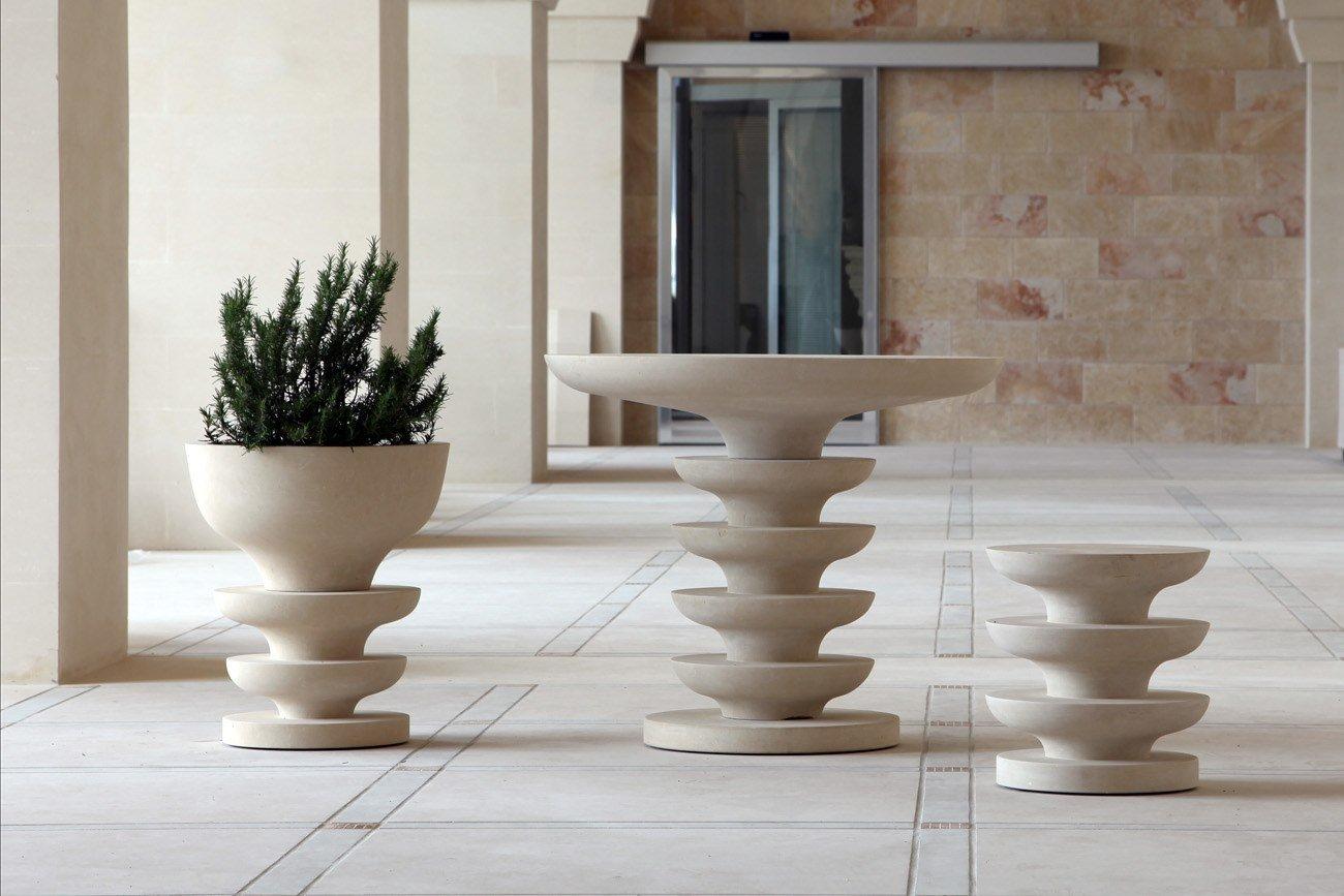 Italian Contemporary Limestone Pedestal Table for Outdoor Settings For Sale