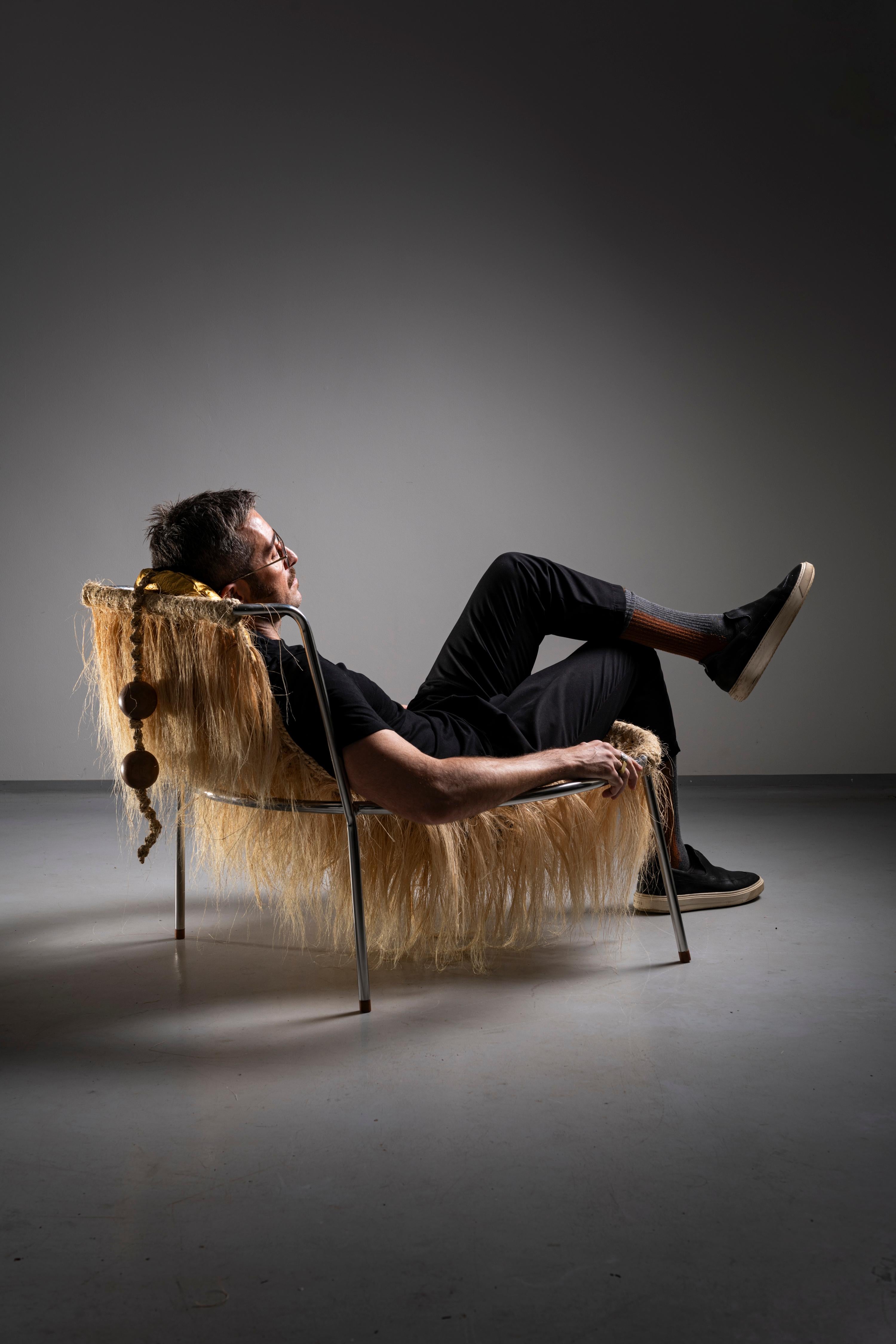 Contemporary limited edition armchair - stainless steel and natural fiber For Sale 4