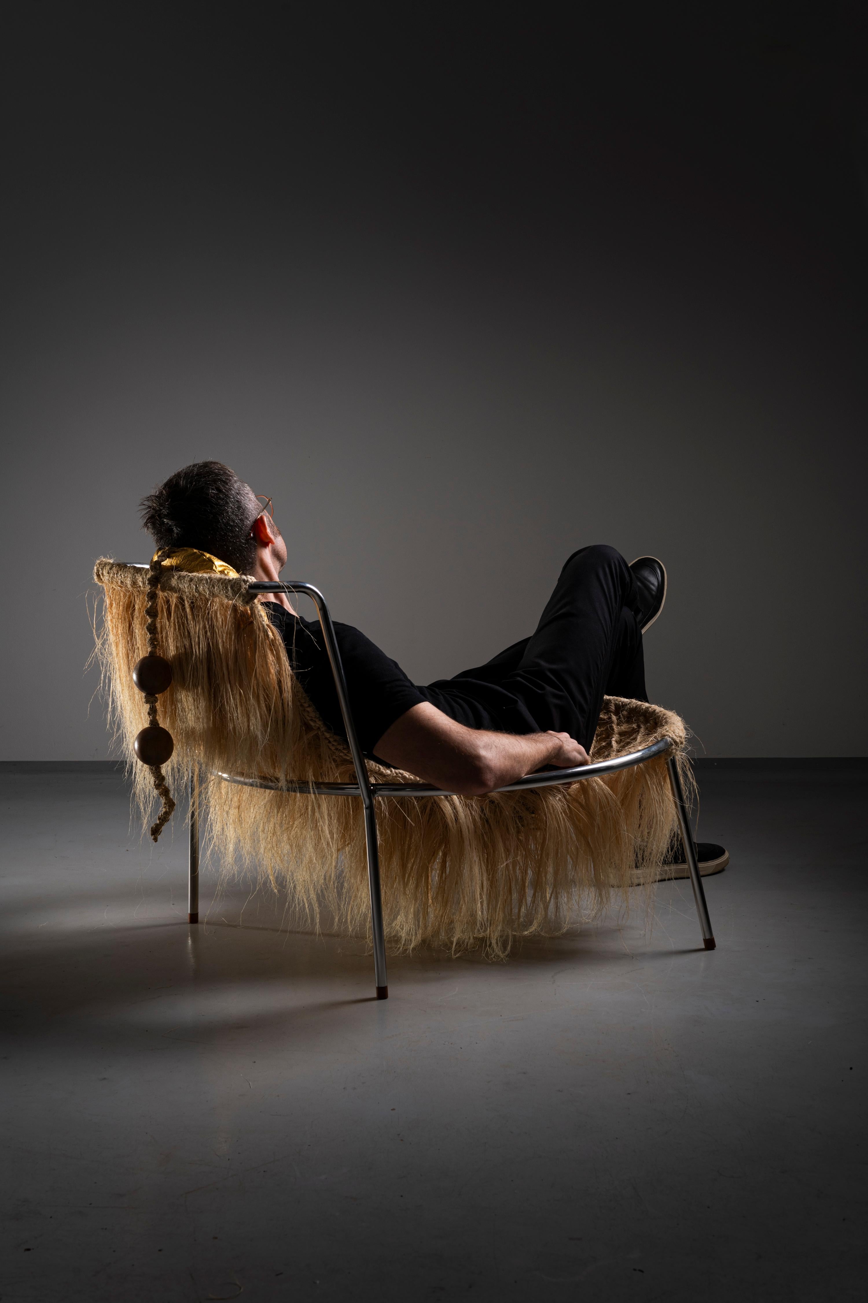 Contemporary limited edition armchair - stainless steel and natural fiber For Sale 3