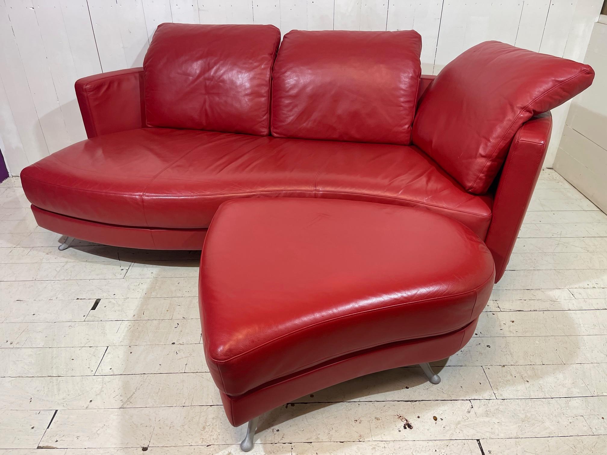 German Contemporary Limited Edition Red Leather Sofa and Footstool Set by Rolf Benz For Sale