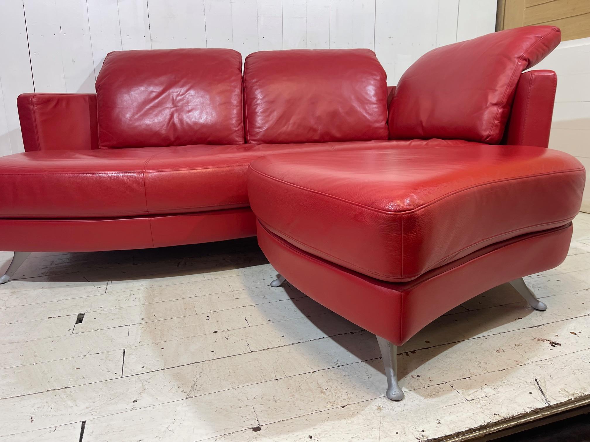 Anodized Contemporary Limited Edition Red Leather Sofa and Footstool Set by Rolf Benz For Sale