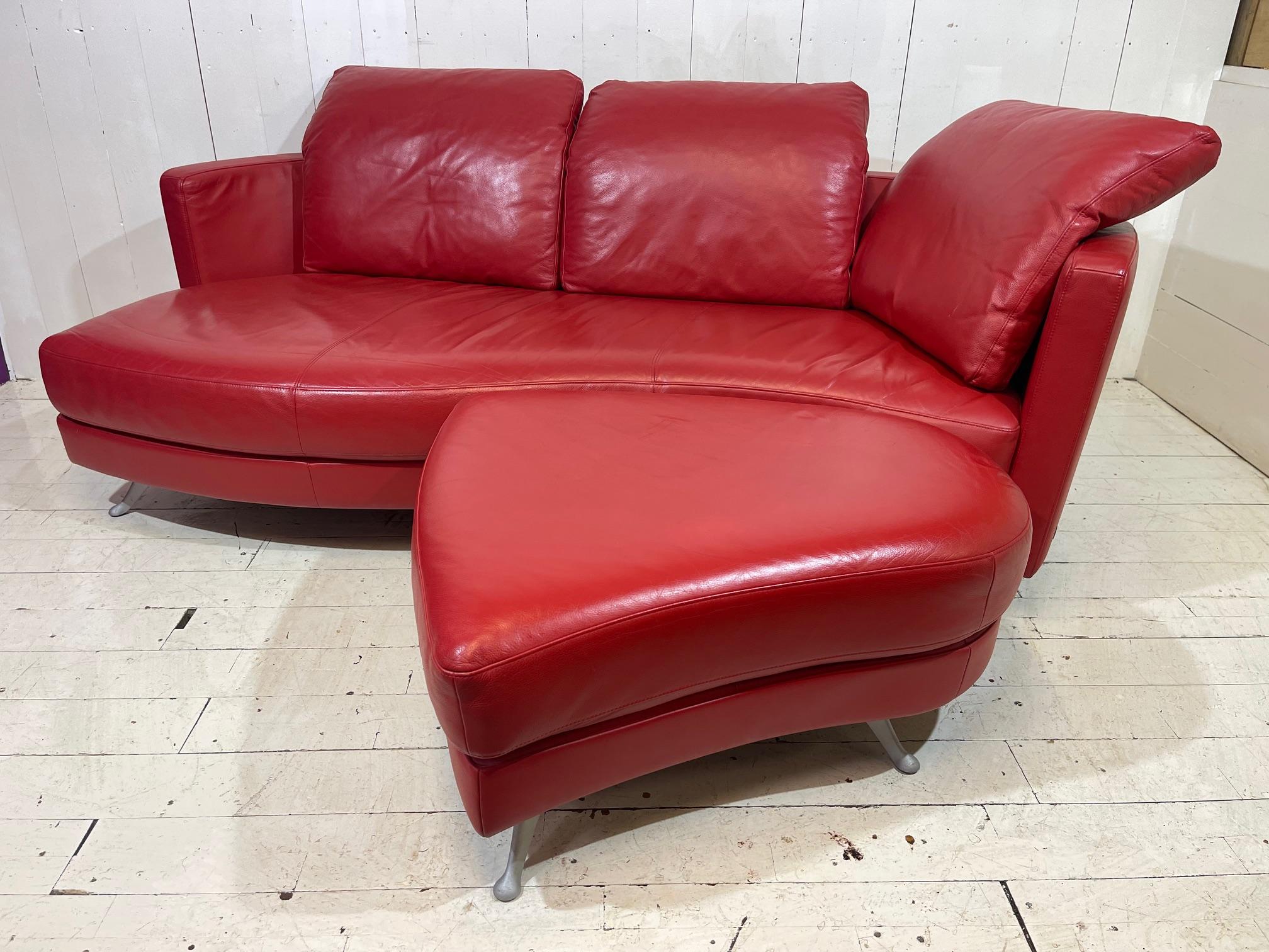 Contemporary Limited Edition Red Leather Sofa and Footstool Set by Rolf Benz In Good Condition For Sale In Tarleton, GB