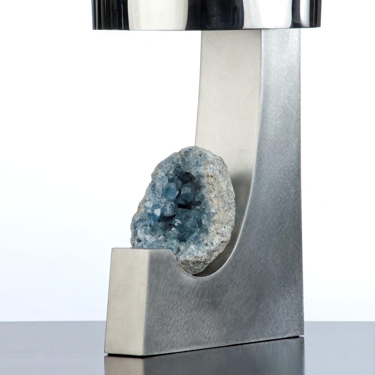 Studio Caira Mandaglio
Pair of brushed steel table lamps
Pair of brushed and polished steel hand made and hand polished contemporary 
table lamps with inset celestite mineral detail. The Celestite was quarried from 
Sakoany Mine Sofia region of