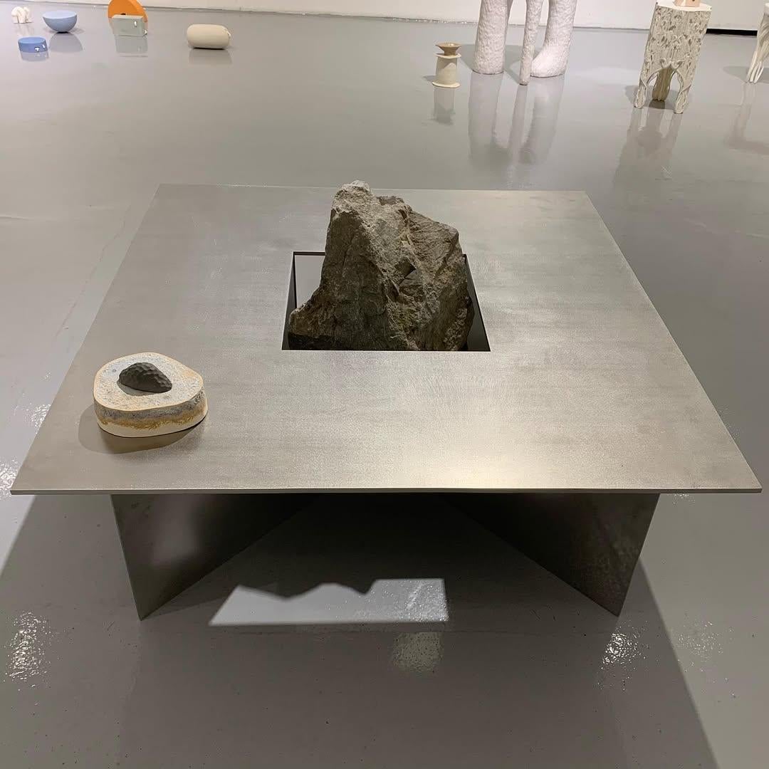 Contemporary Linear Stainless Steel Bench with Natural Stone by Lee Sisan For Sale 3