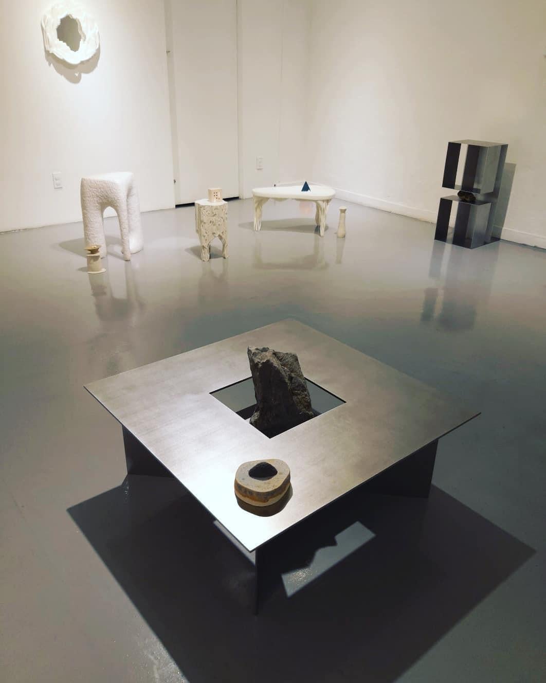 Contemporary Linear Stainless Steel Bench with Natural Stone by Lee Sisan For Sale 1