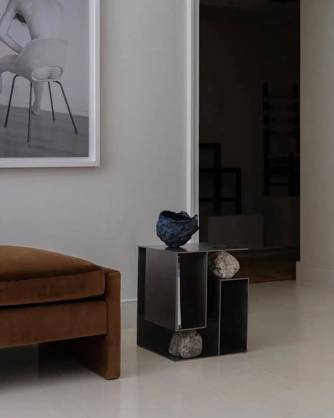 Contemporary Linear Stainless Steel Table with Natural Stones by Lee Sisan For Sale 5