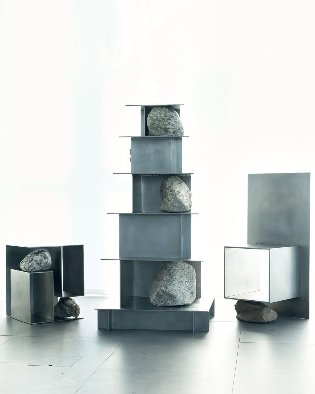 Contemporary Linear Stainless Steel Table with Natural Stones by Lee Sisan For Sale 6