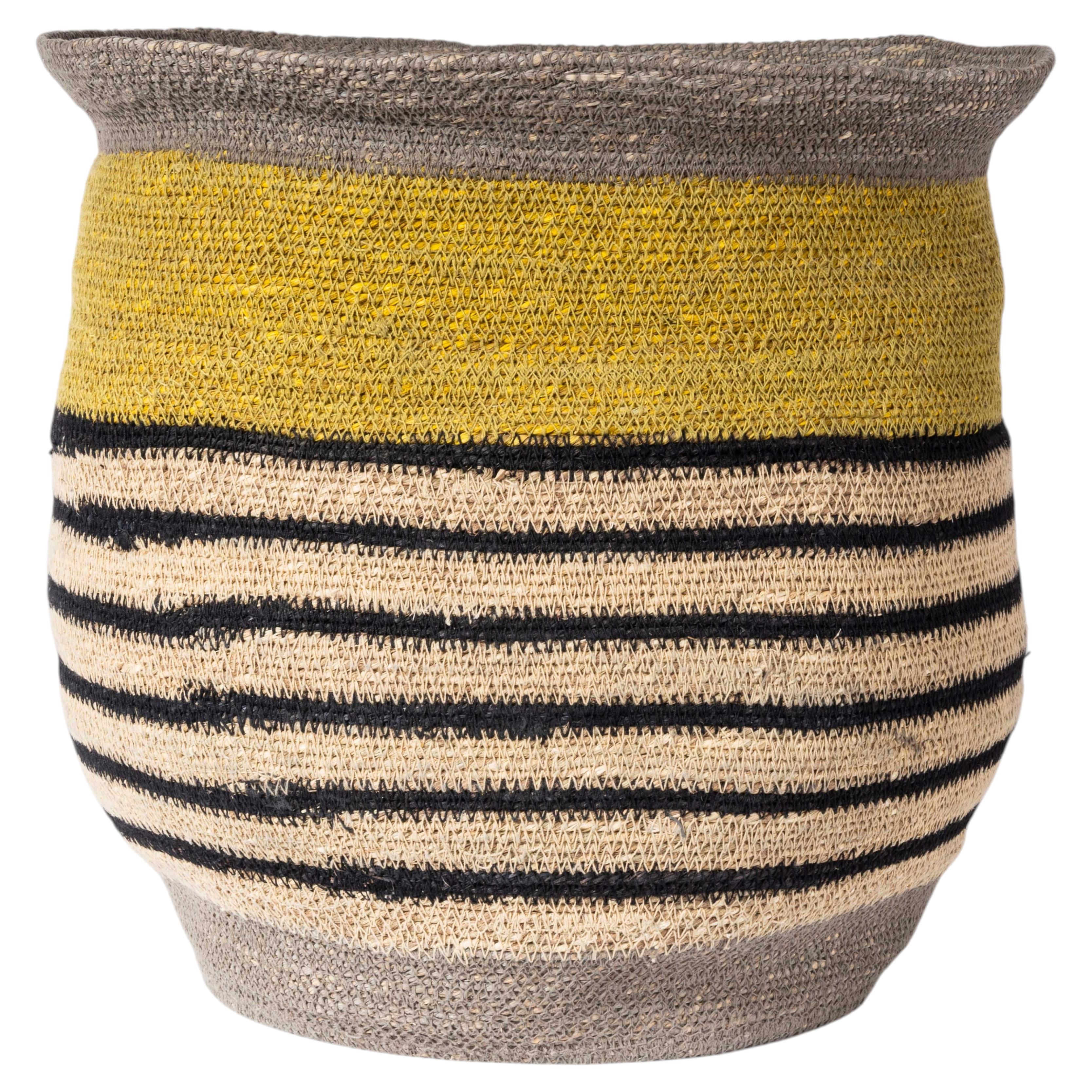 Contemporary Lipped Black Striped Basket - Water Hyacinth For Sale