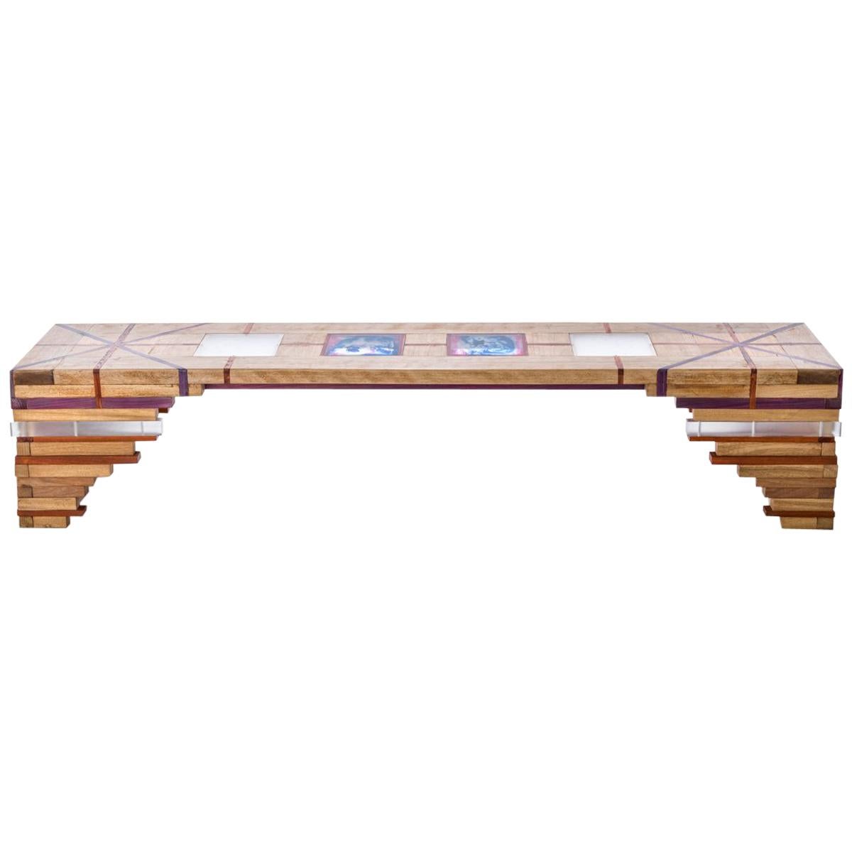 Modern Contemporary Liquid Color Bench Marajo in Mixed Woods, Resin and Acrylic For Sale