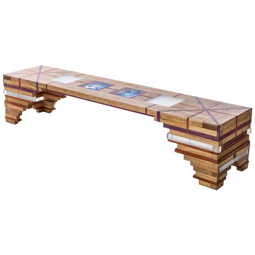 Contemporary Liquid Color Bench Marajo in Mixed Woods, Resin and Acrylic For Sale