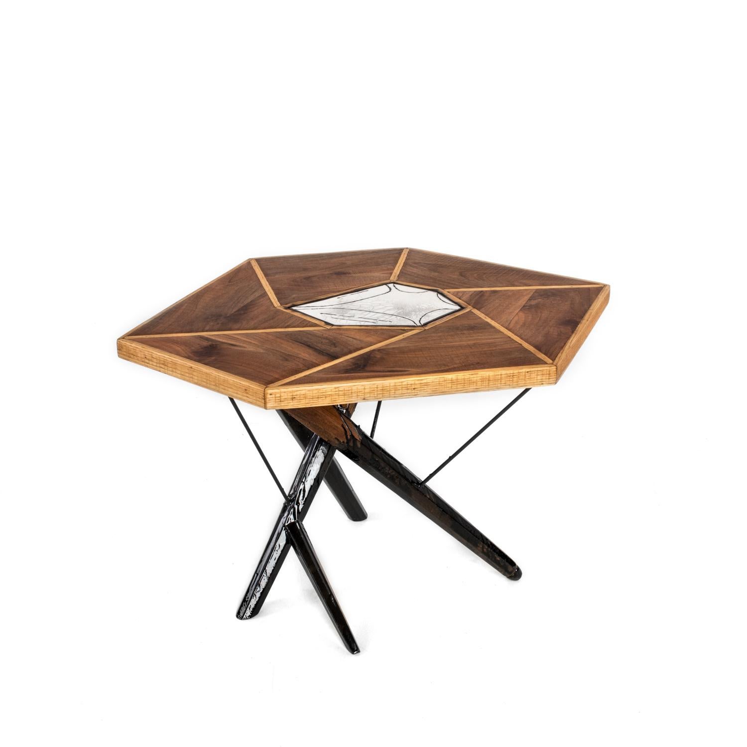 Neoclassical Contemporary Liquid Raku Tea-Table Made of Wood, Raku Ceramics and Resin For Sale