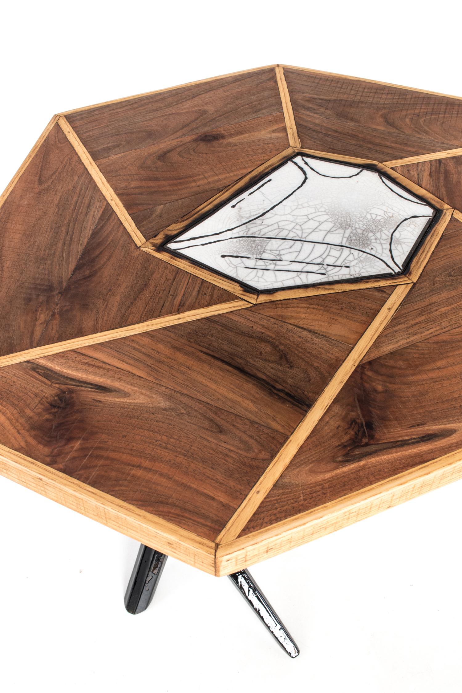 Woodwork Contemporary Liquid Raku Tea-Table Made of Wood, Raku Ceramics and Resin For Sale