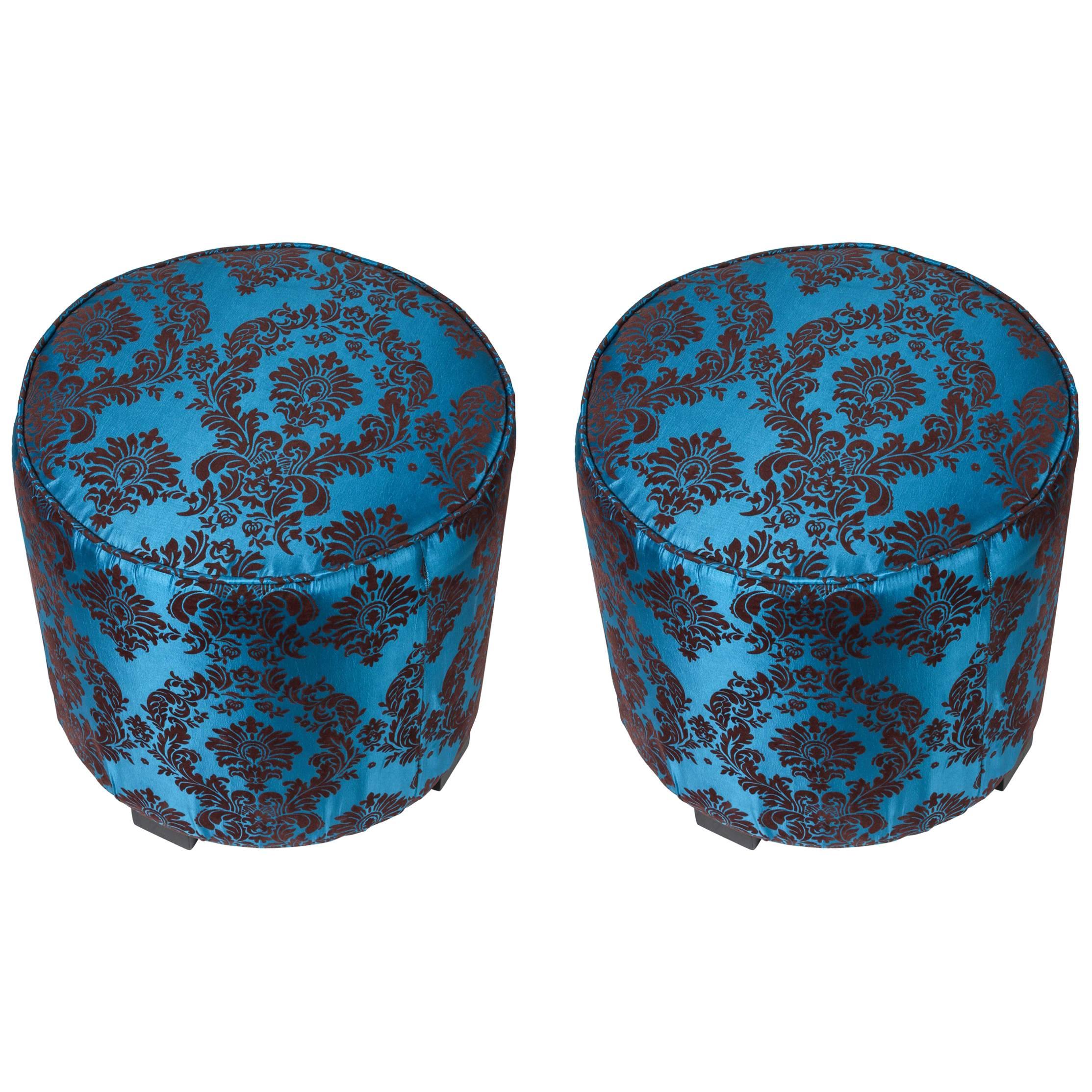 Tabouret rond marocain bleu cobalt tapissé de style Art Déco Bon état - En vente à North Hollywood, CA