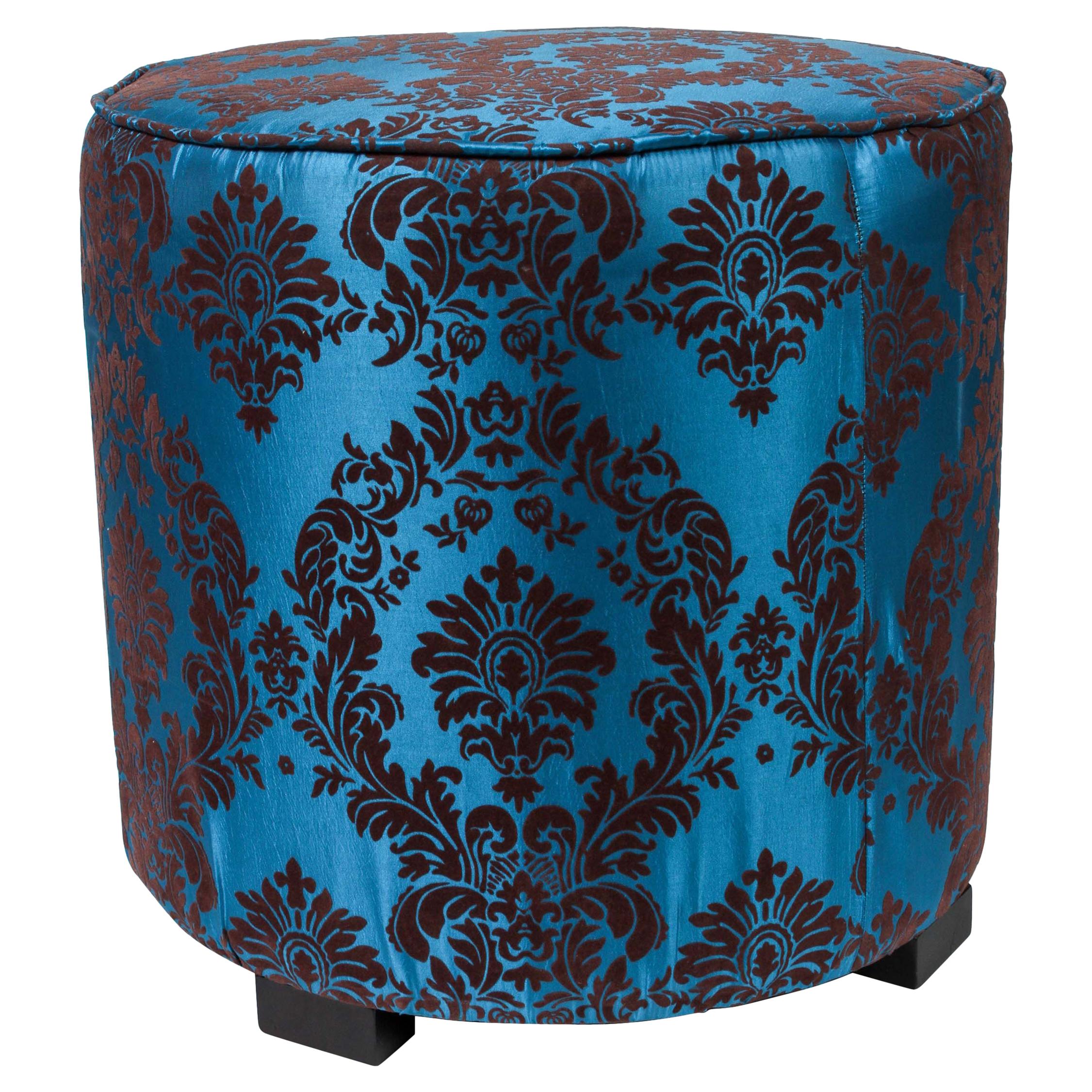 Art Deco Style Cobalt Blue Stool Upholstered Round Moroccan Pouf For Sale