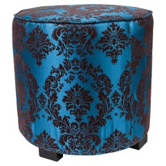 Used Art Deco Style Cobalt Blue Stool Upholstered Round Moroccan Pouf