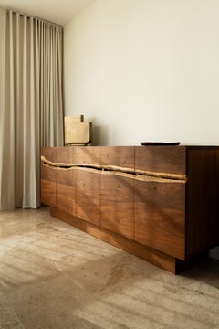 Contemporary Live Edge Credenza in Caribbean Walnut with Drawers and Doors