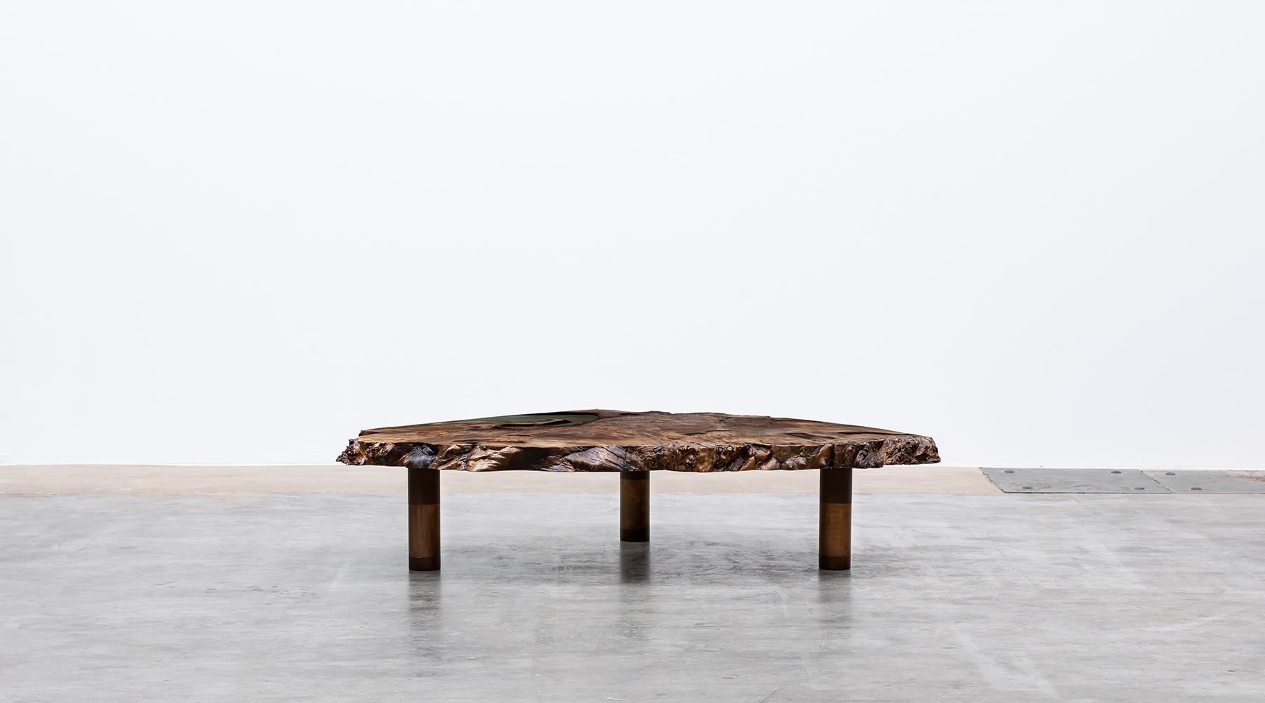 Stunning side table by contemporary German Artist Johannes Hock.
The inherent beauty of the burlwood becomes visible with this table. 
Designed, developed and handcrafted by Atelier Johannes Hock, Frankfurt, Germany.
Oiled finish, bronze