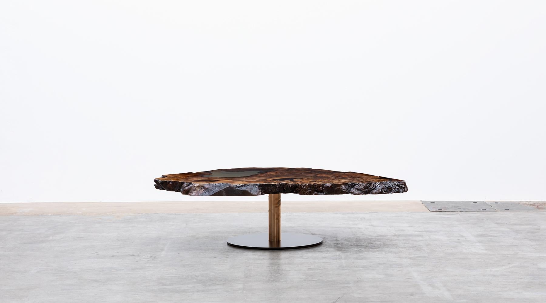 Stunning side table by contemporary German Artist Johannes Hock.
The inherent beauty of the burlwood becomes visible with this table. 
Designed, developed and handcrafted by Atelier Johannes Hock, Frankfurt, Germany.
High gloss finish, Bronze