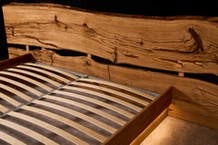 Contemporary Live Edge Style Bed with Oak Slab Headboard and LED Lighting