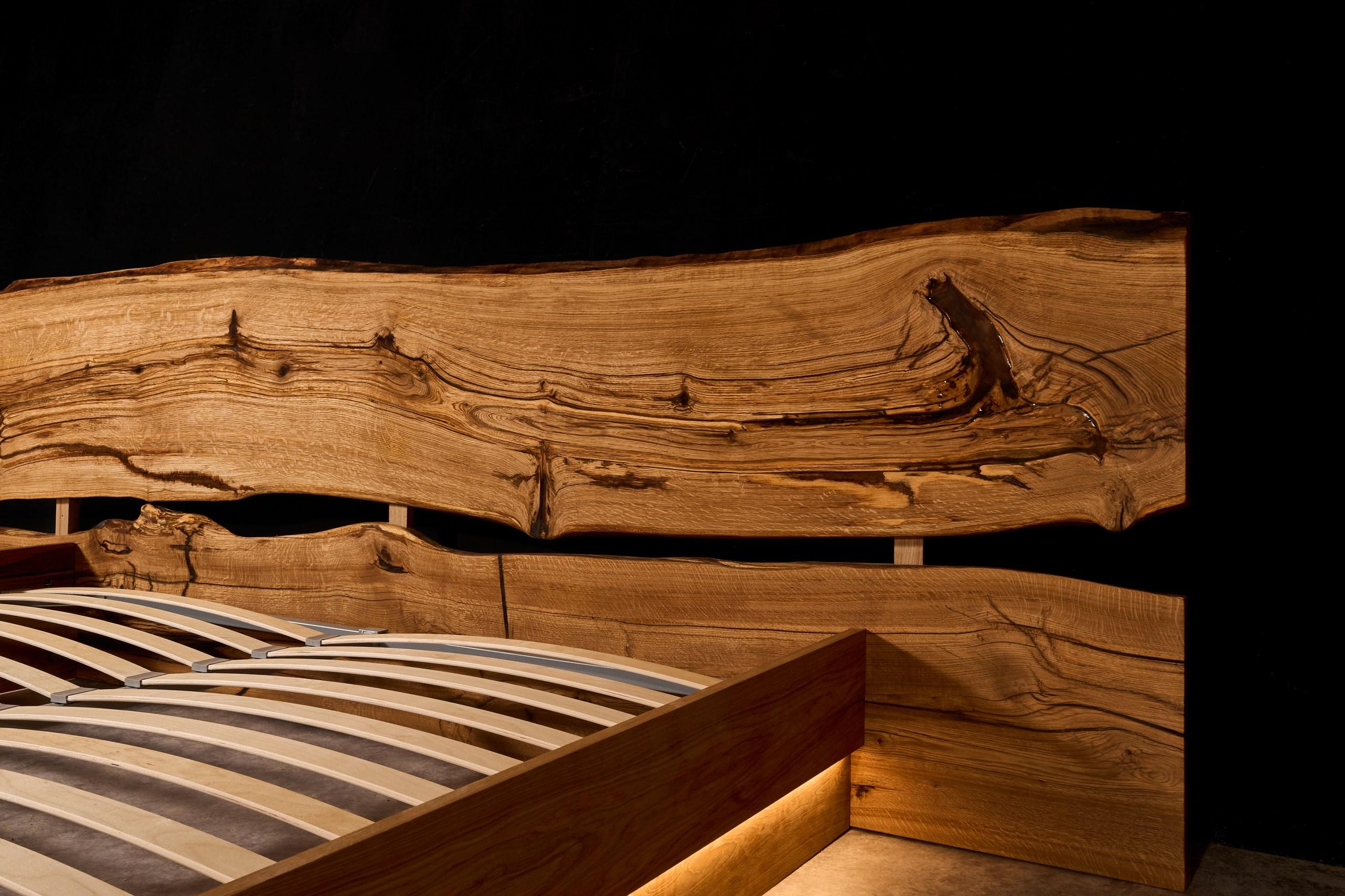 Brutalist Contemporary Live Edge Style Bed with Oak Slab Headboard and LED Lighting For Sale