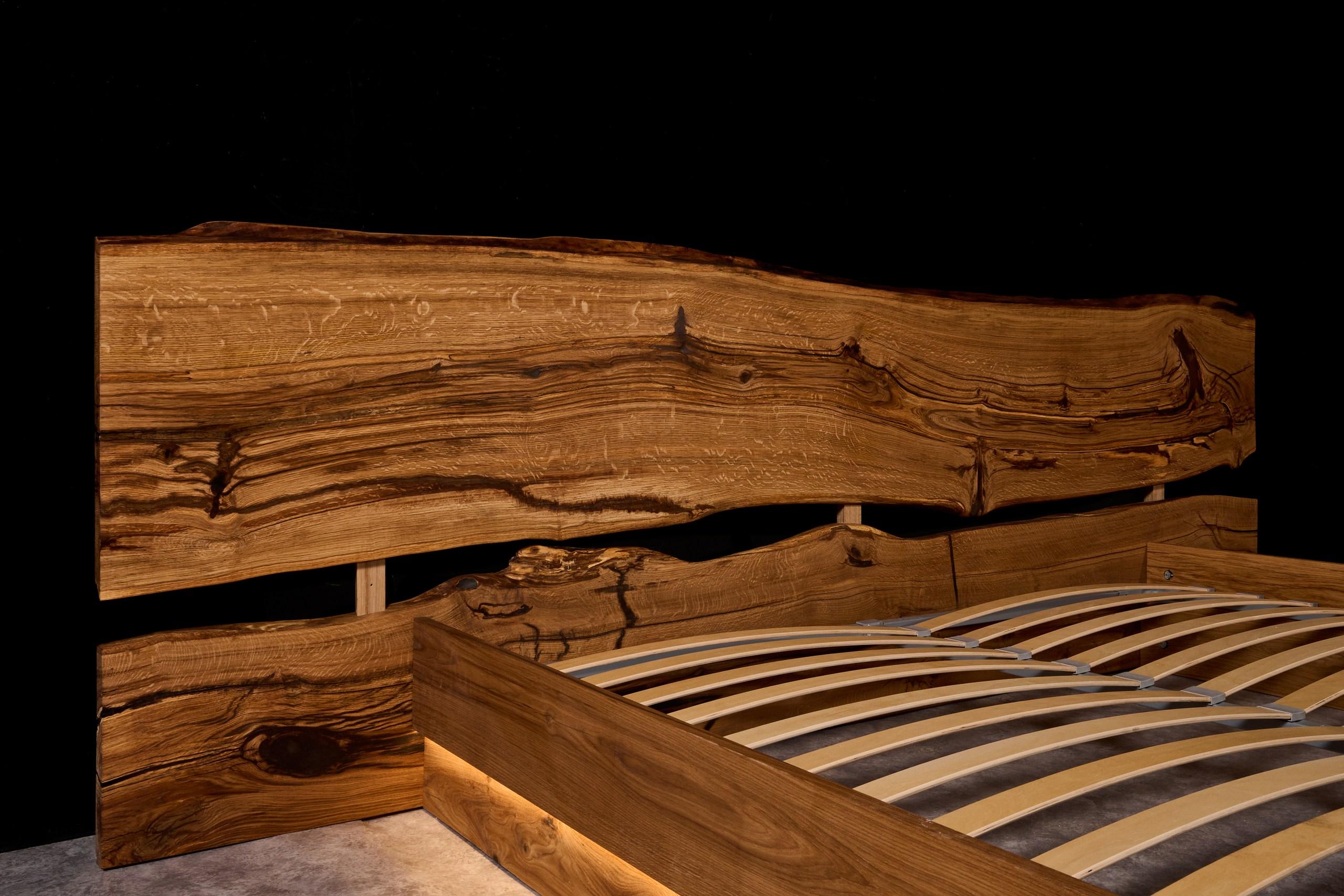 Hand-Crafted Contemporary Live Edge Style Bed with Oak Slab Headboard and LED Lighting For Sale