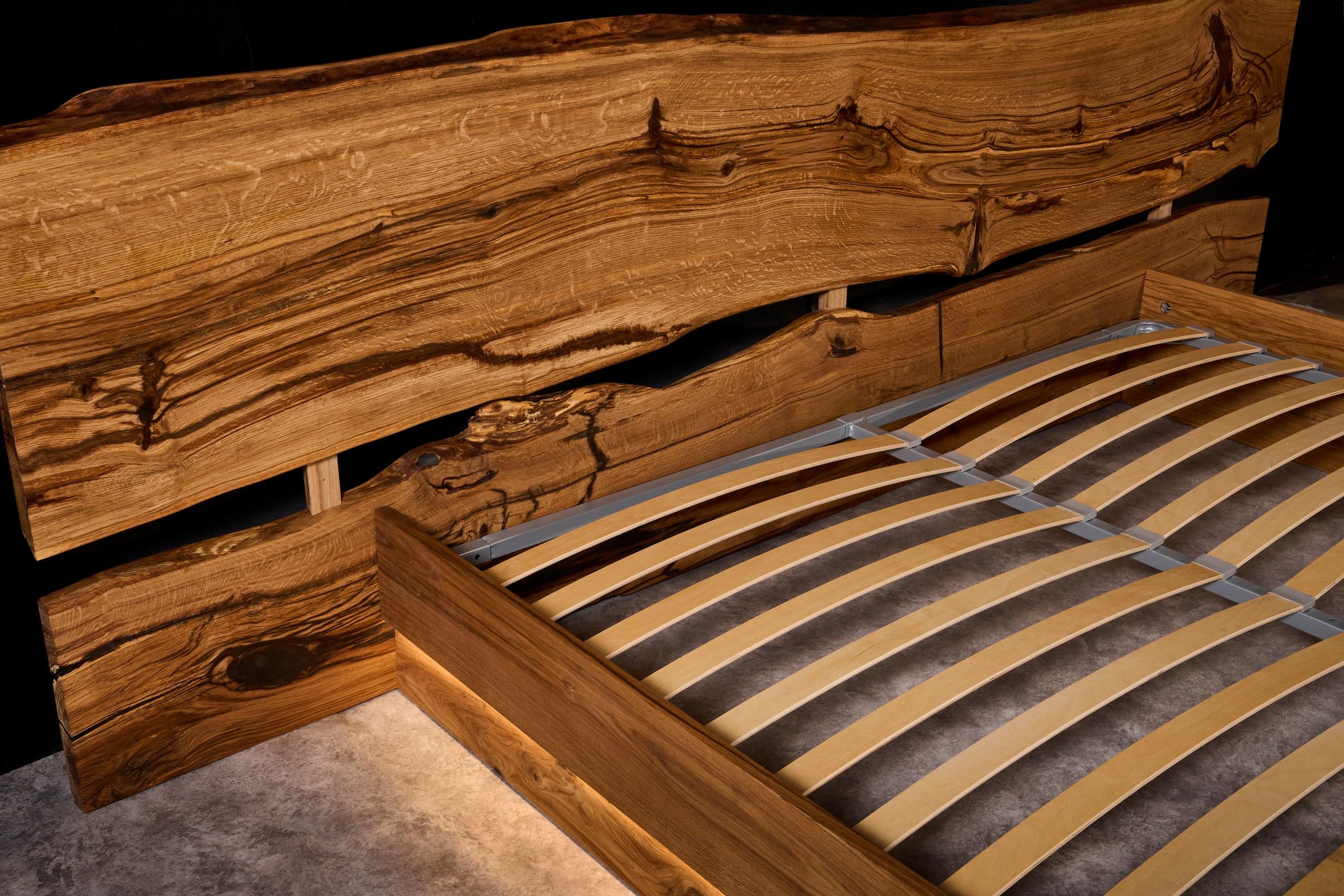 Contemporary Live Edge Style Bed with Oak Slab Headboard and LED Lighting For Sale 2