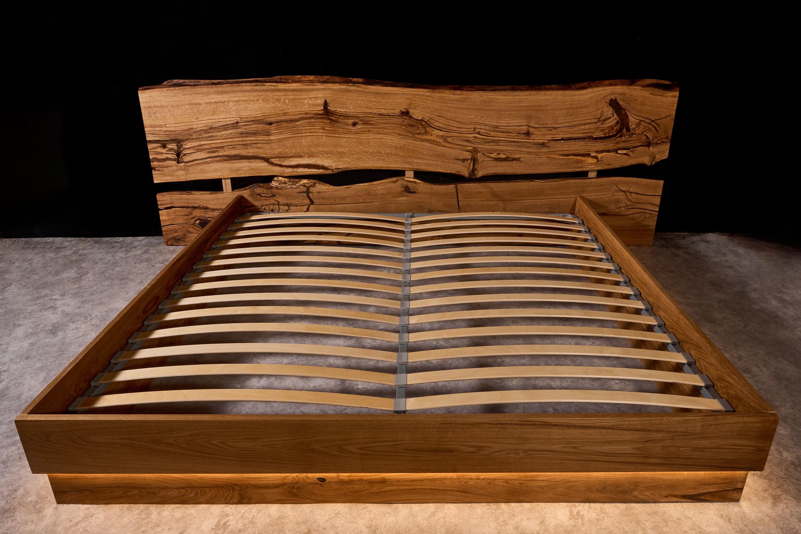 Contemporary Live Edge Style Bed with Oak Slab Headboard and LED Lighting For Sale 3