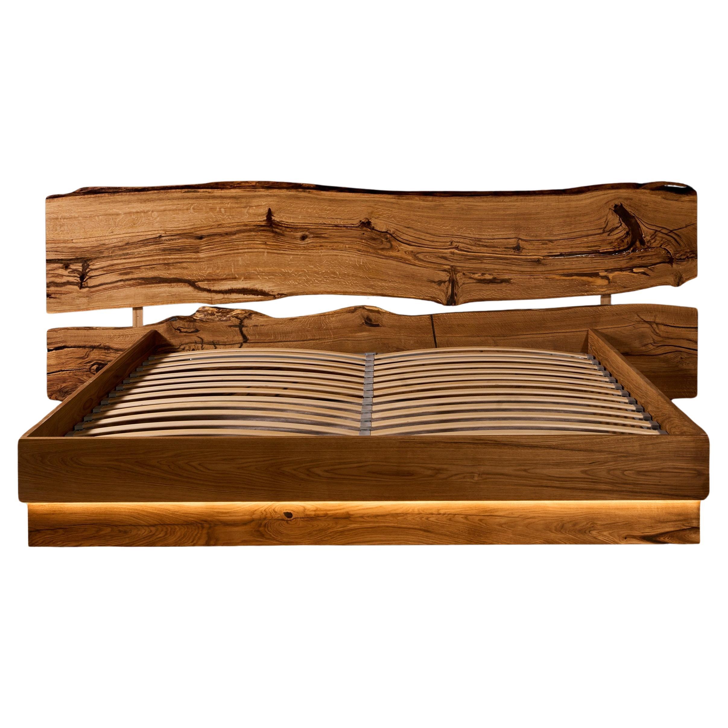 Contemporary Live Edge Style Bed with Oak Slab Headboard and LED Lighting