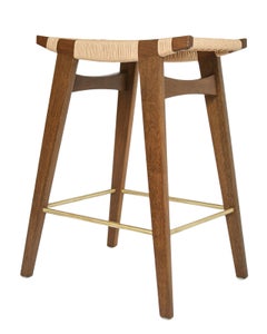 Contemporary lo-pi Bar Stool, Fumed Oak with Danish Cord Seat & Brass Foot Rails
