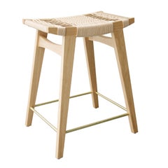 Contemporary Lo-Pi Bar Stool, Natural Oak with Danish Cord Seat & Brass Rails
