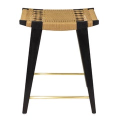 Contemporary lo-pi Bar Stool, Oak with Danish Cord Seat & Brass Foot Rails