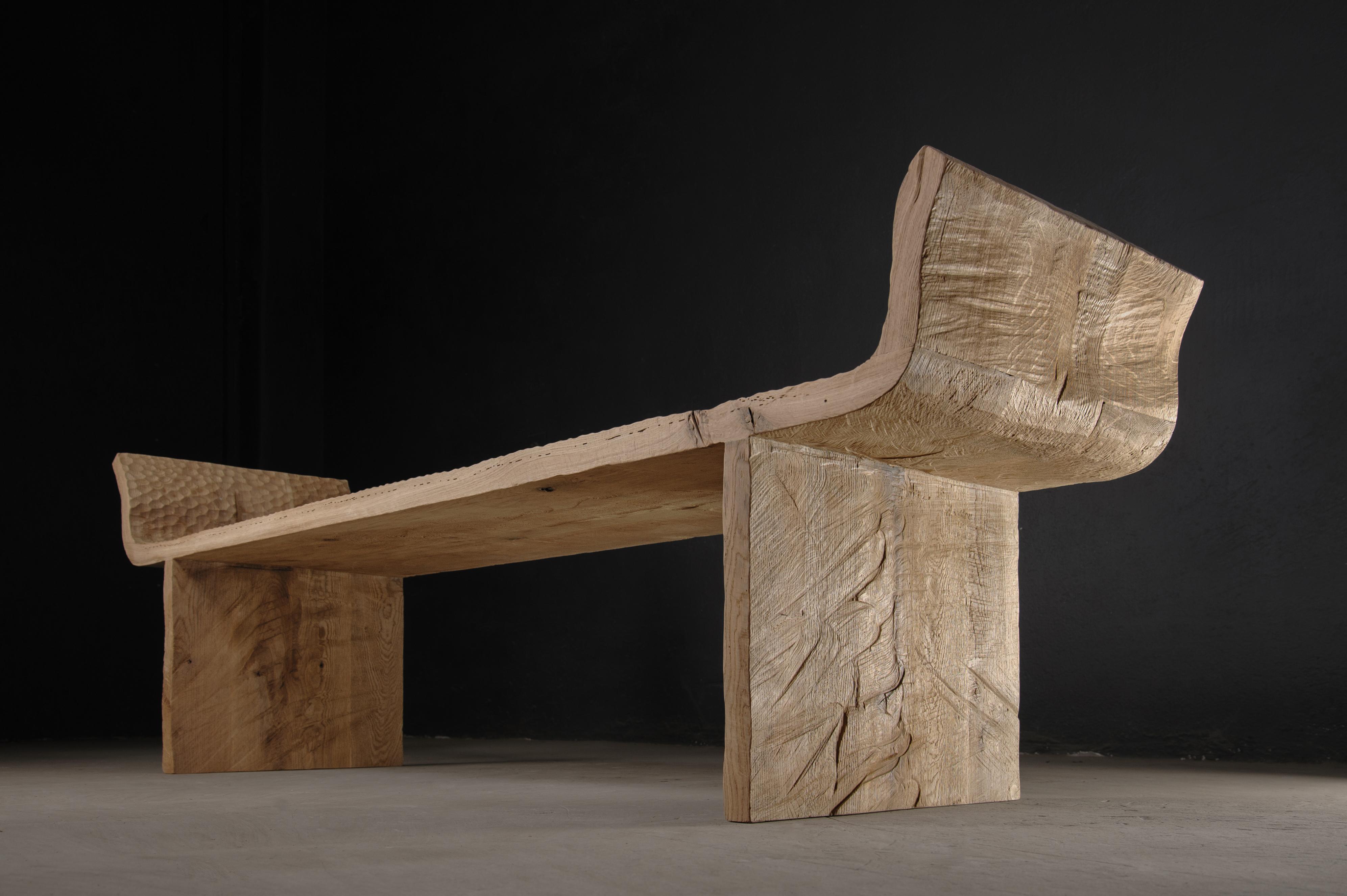 Brutalist Contemporary Long Bench 'Antic' Style by Soha Concept, Solid Oak, Light For Sale