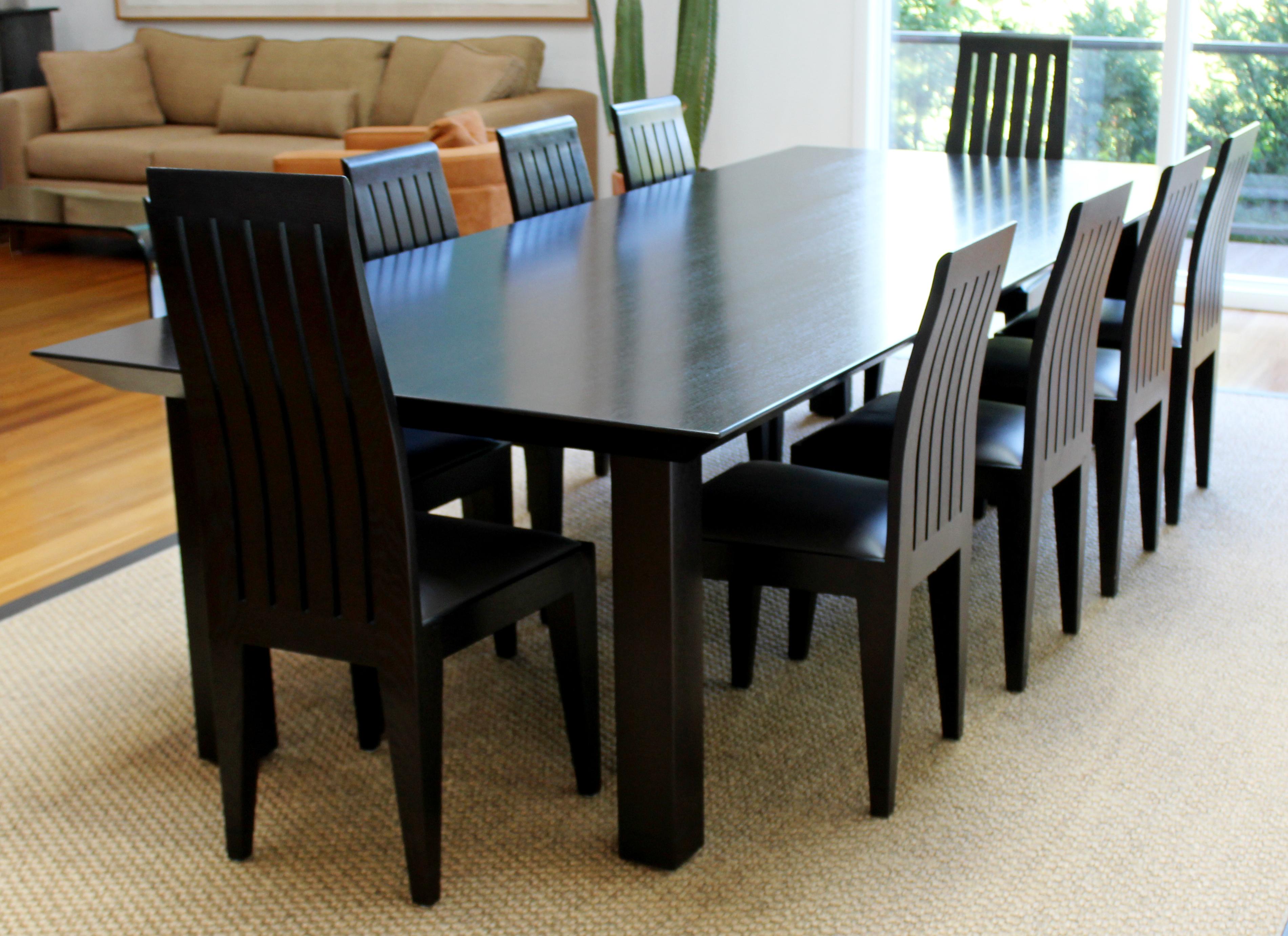 Late 20th Century Contemporary Long Black Wood Ohashi Dining Table & Set of 10 Side Chairs, 1980s