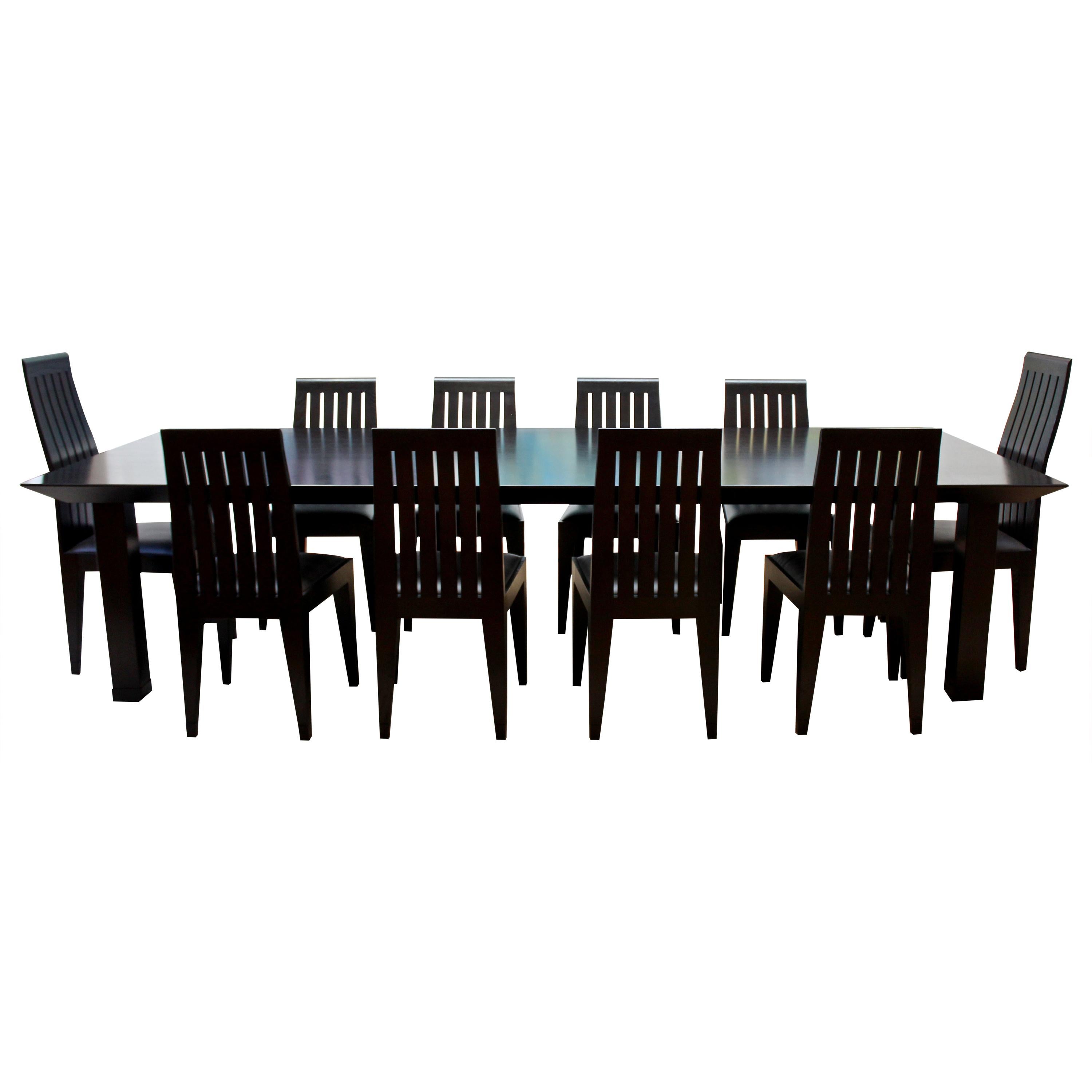 Contemporary Long Black Wood Ohashi Dining Table & Set of 10 Side Chairs, 1980s