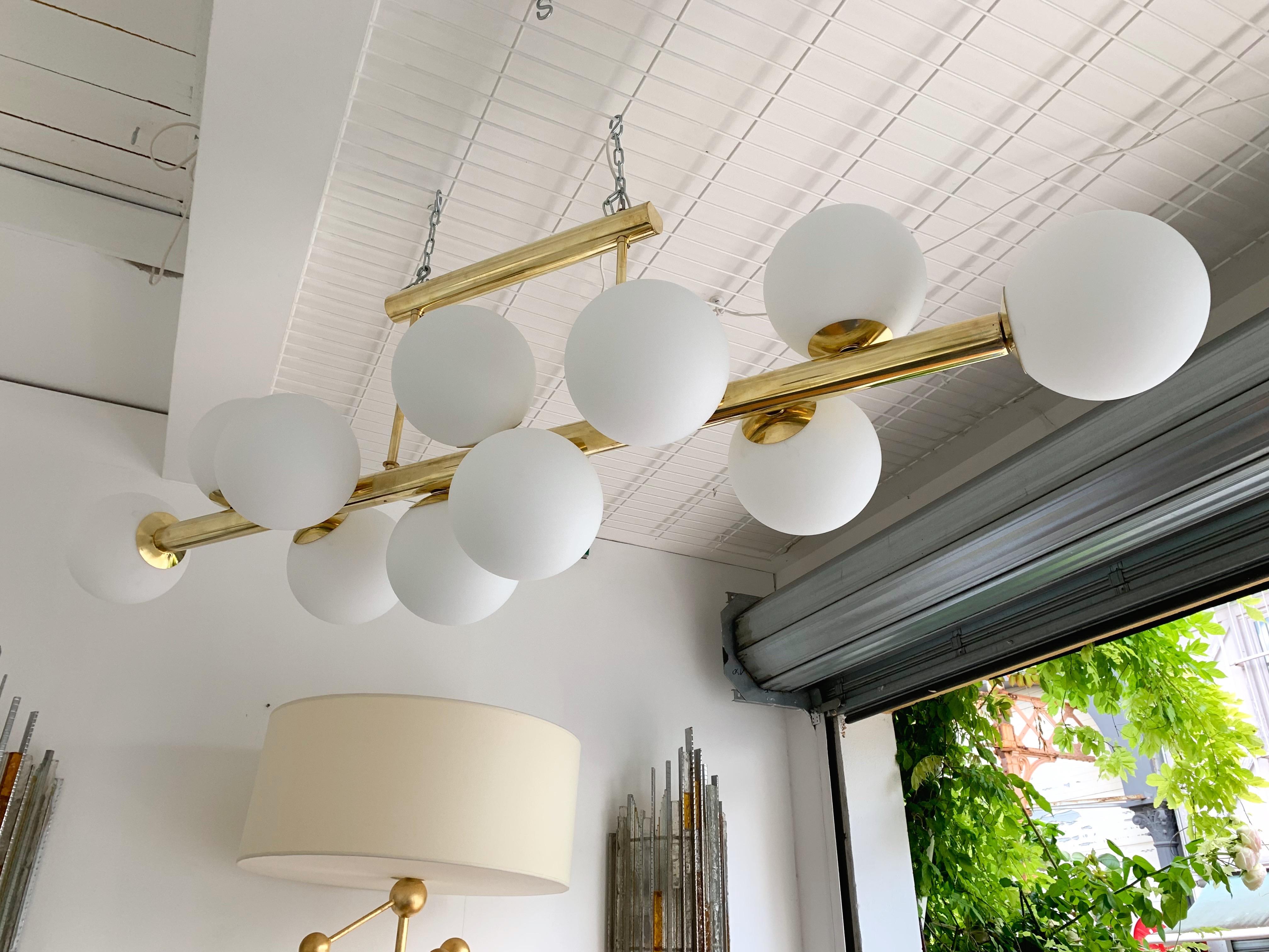 Mid-Century Modern Contemporary Long Brass Chandelier Opaline, Italy For Sale