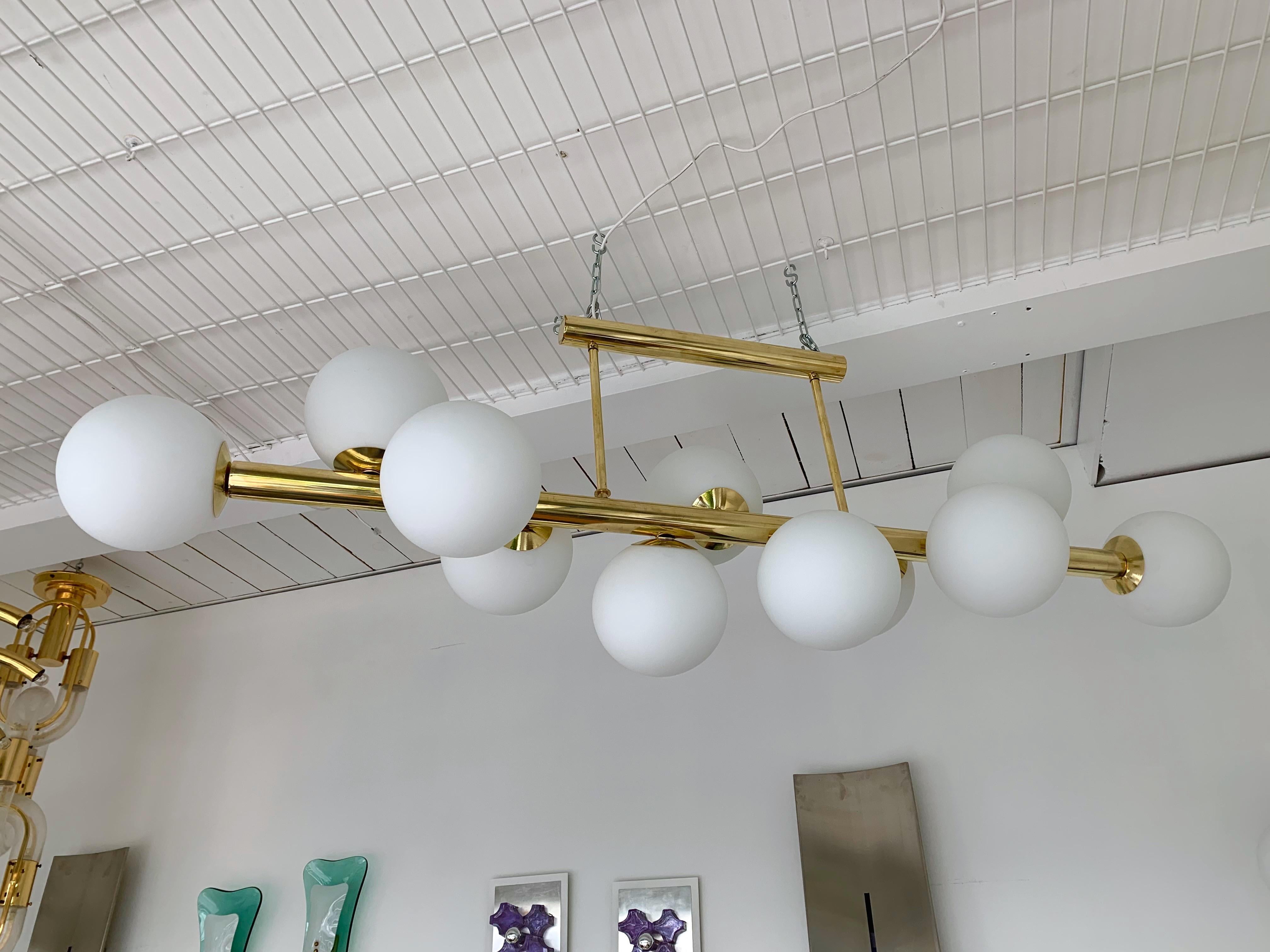Contemporary Long Brass Chandelier Opaline, Italy For Sale 3