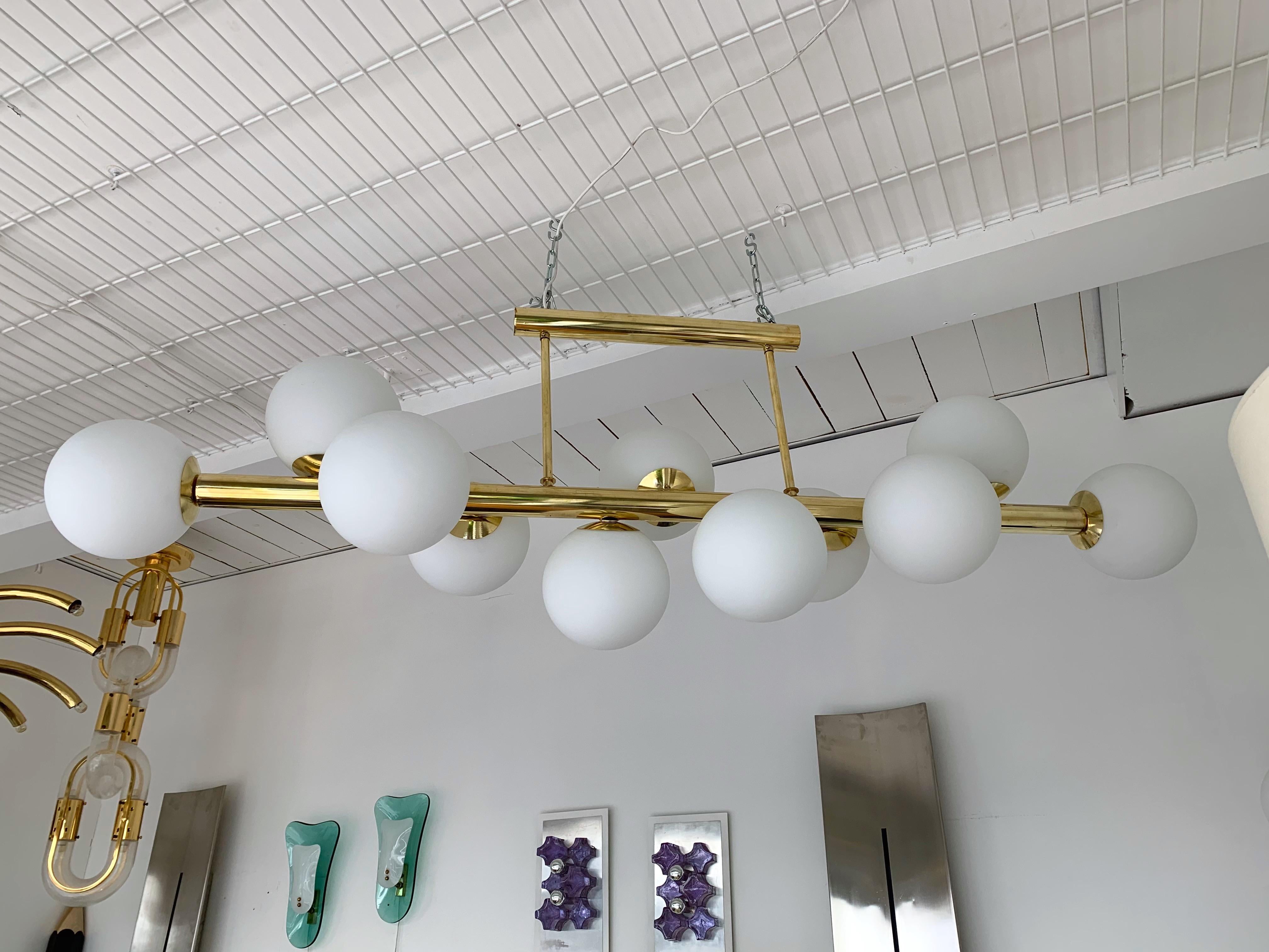 Contemporary Long Brass Chandelier Opaline, Italy For Sale 5