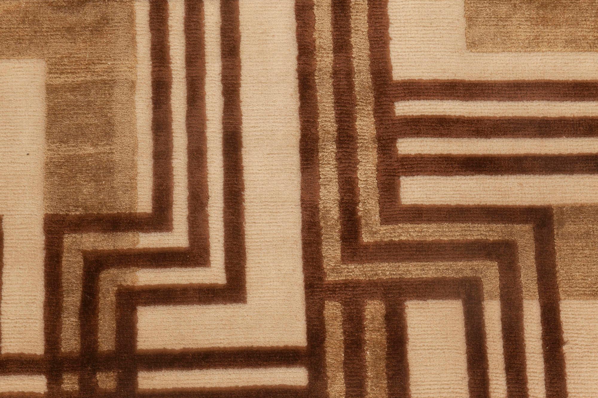 Hand-Knotted Contemporary Long & Narrow Geometric Wool & Silk Runner by Doris Leslie Blau For Sale