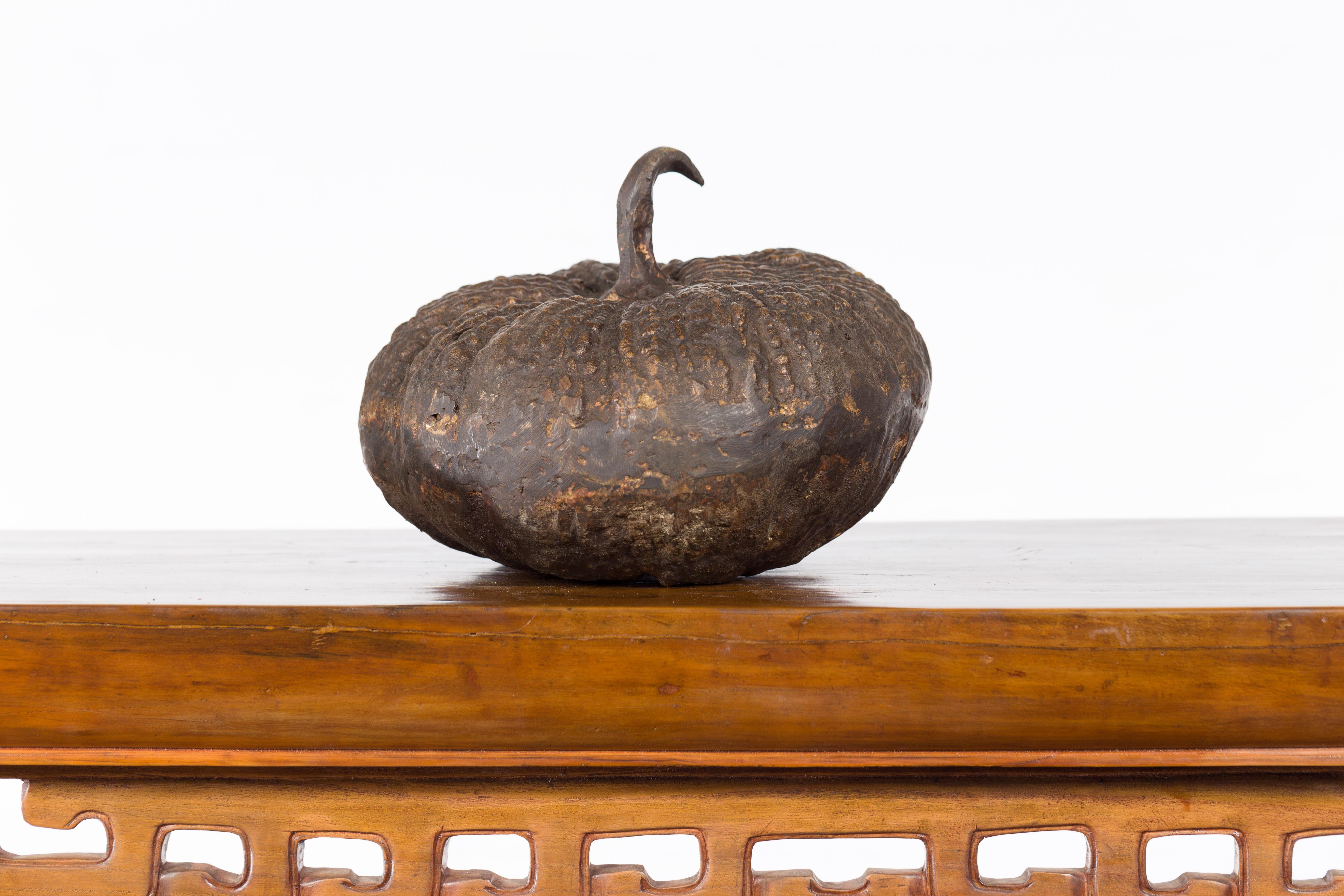 Cast Contemporary Lost Wax Bronze Pumpkin Sculpture with Rustic Patina For Sale
